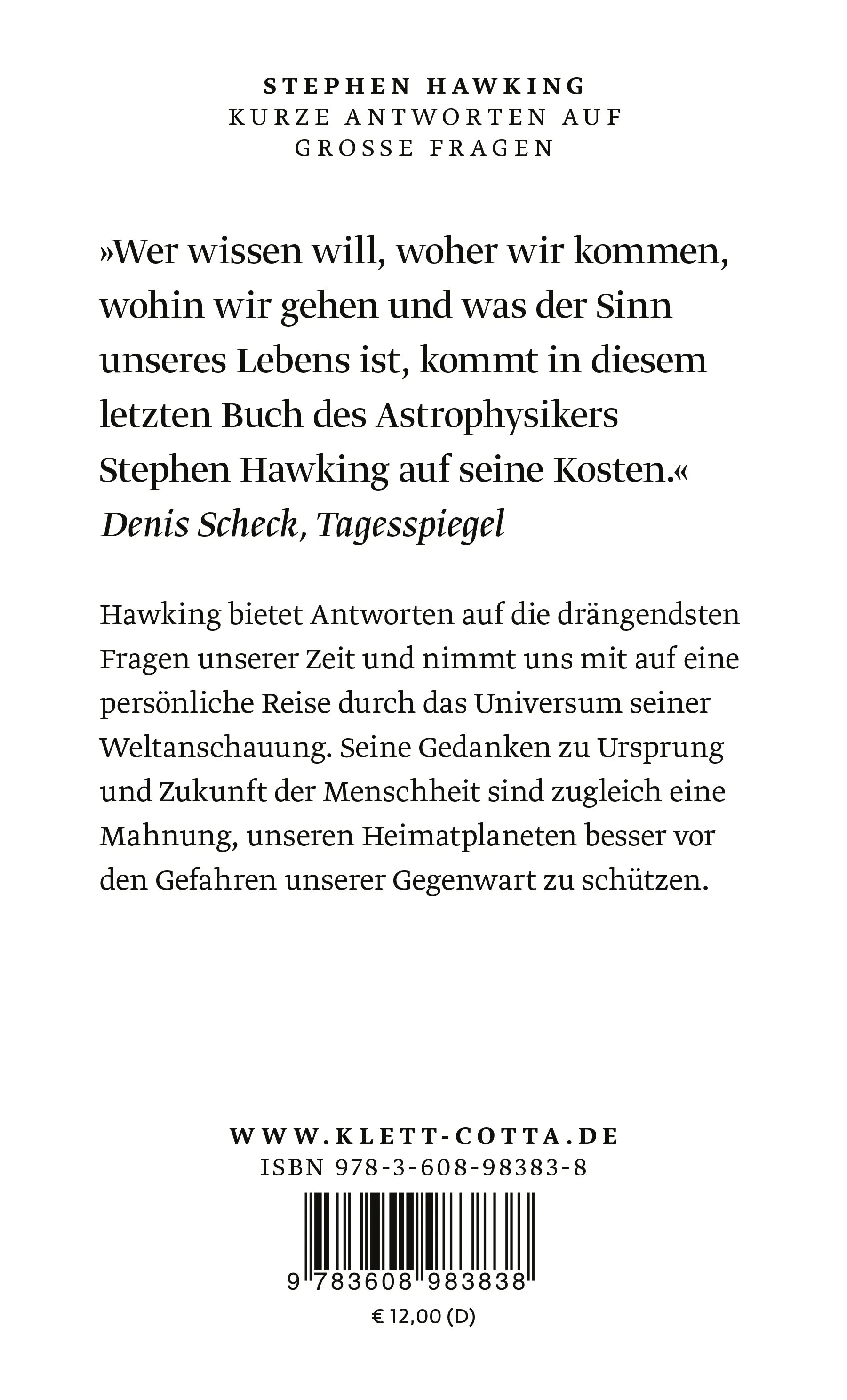 Buchrückseite von 'Kurze Antworten auf große Fragen' mit Klappentext - Taschenbuch