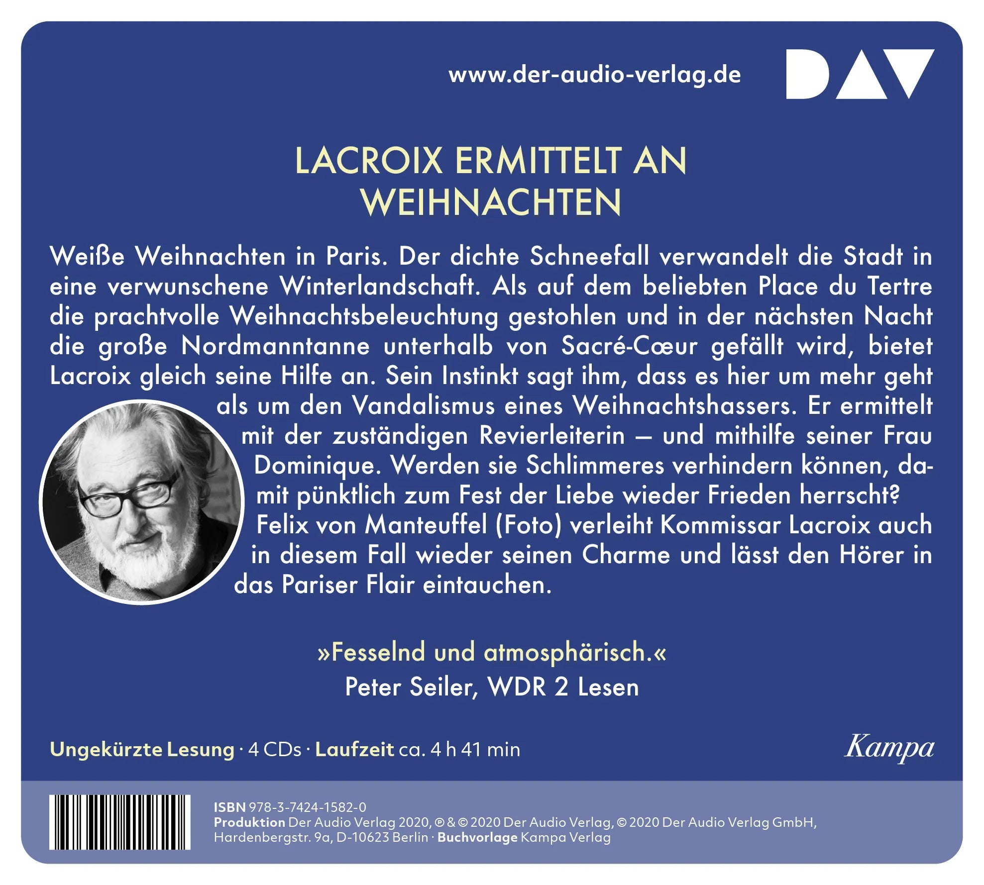 Buchrückseite von 'Lacroix und die stille Nacht von Montmartre. Sein dritter Fall' mit Klappentext - Hörbuch (CD)
