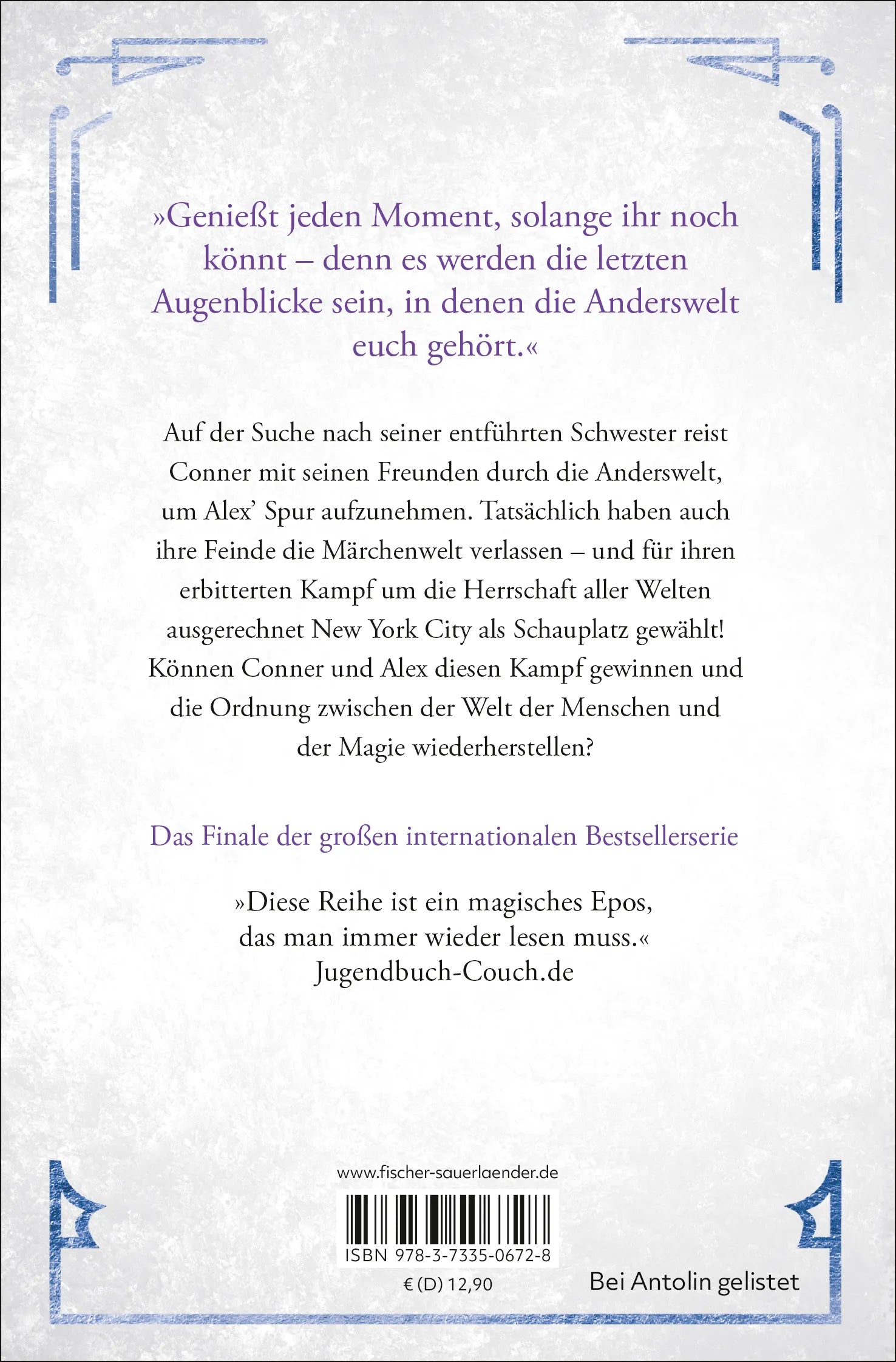 Buchrückseite von 'Land of Stories: Das magische Land – Der Kampf der Welten' mit Klappentext - Taschenbuch