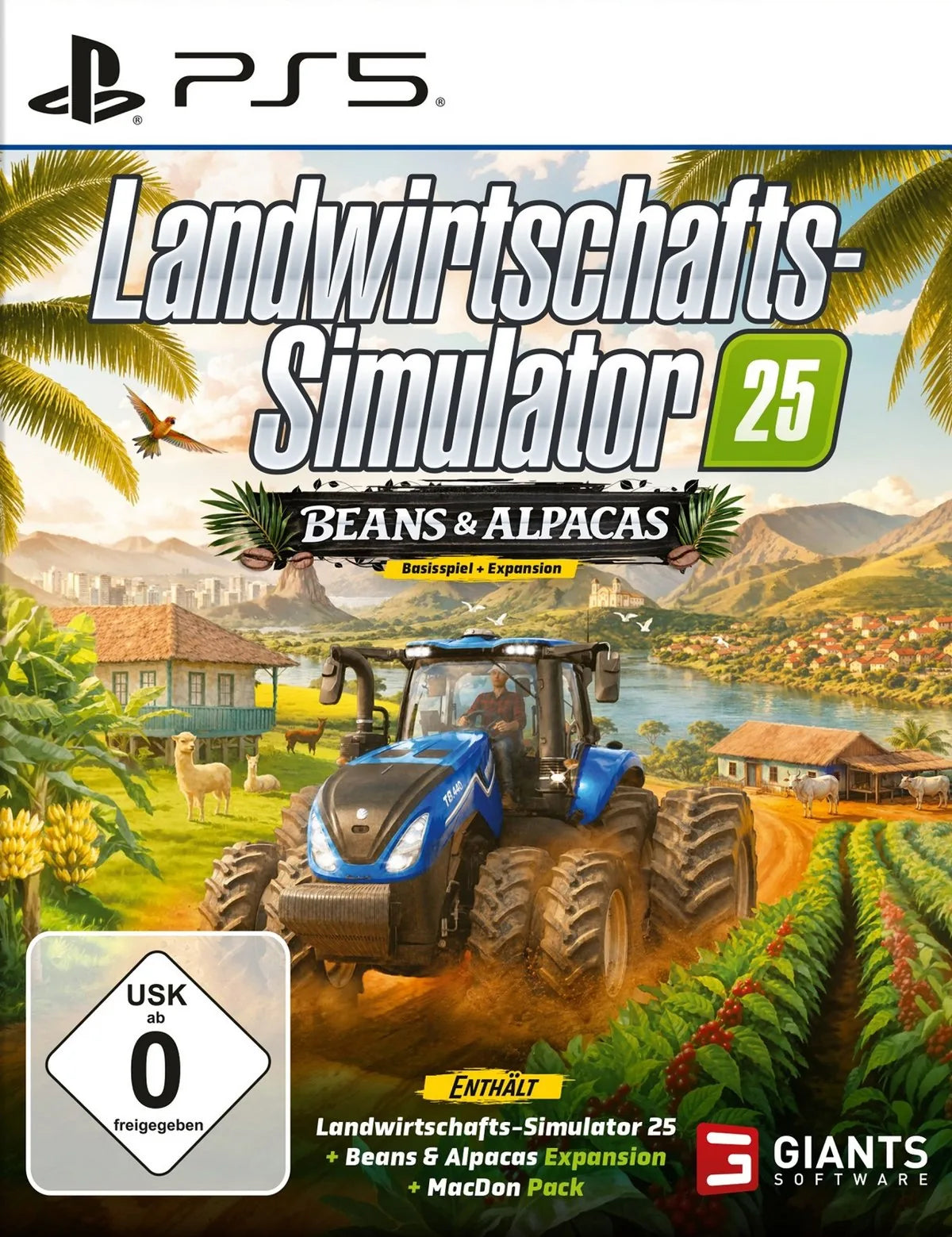 Cover: Landwirtschafts-Simulator 25 - Beans & Alpacas für Playstation 5. Publisher: Bandai Namco Entertainment Germany