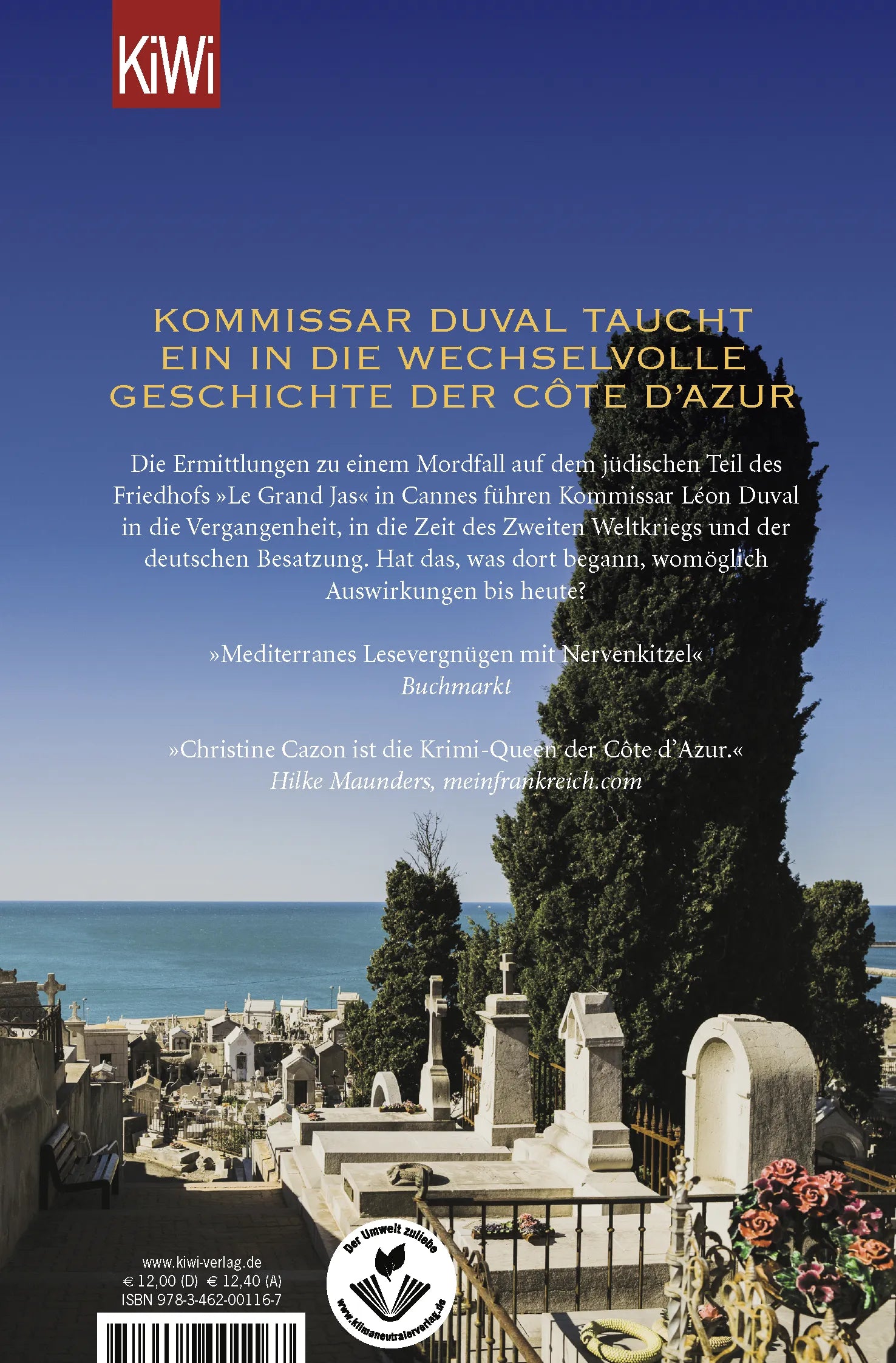 Buchrückseite von 'Lange Schatten über der Côte d'Azur' mit Klappentext - Taschenbuch