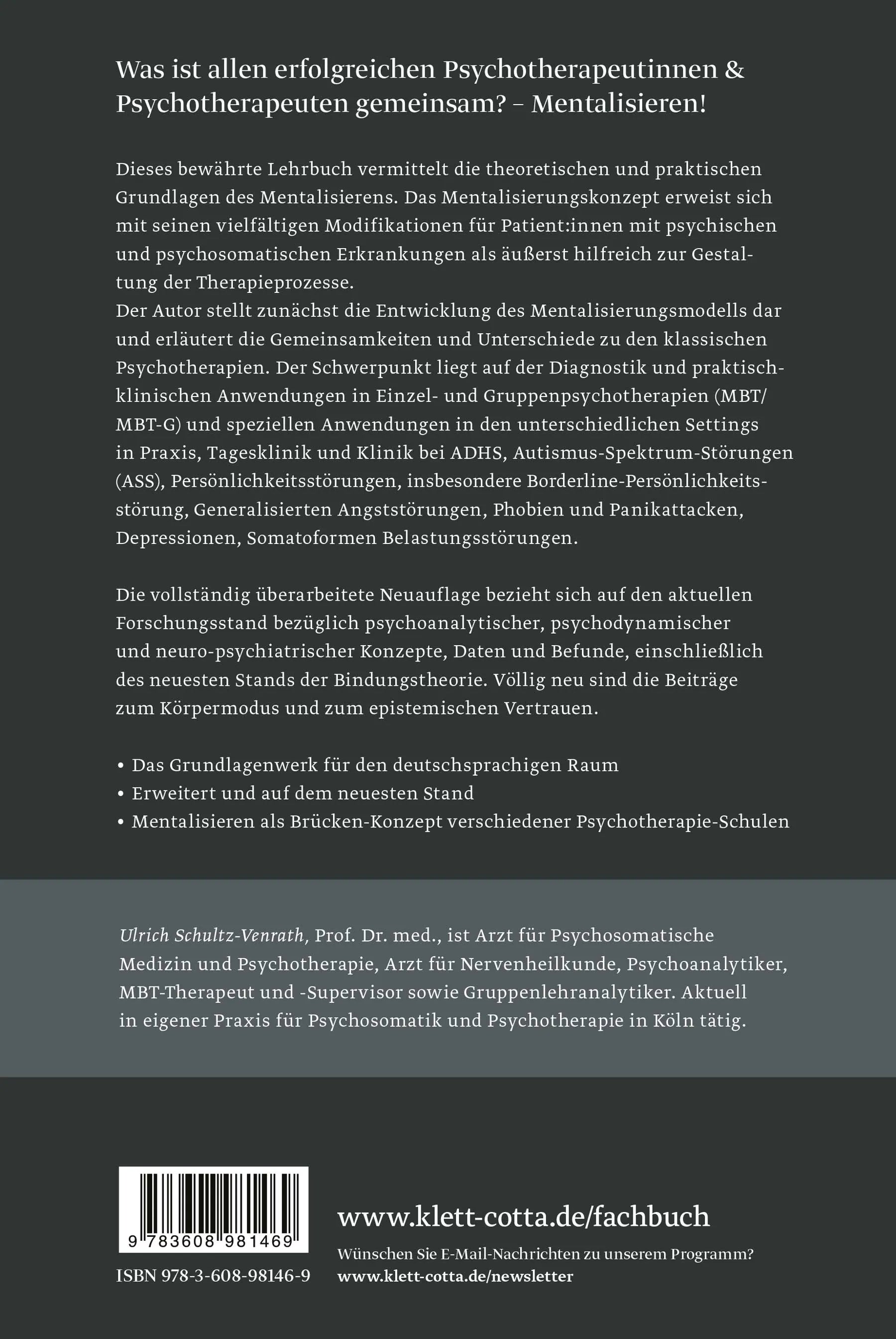 Buchrückseite von 'Lehrbuch Mentalisieren' mit Klappentext - Gebundene Ausgabe