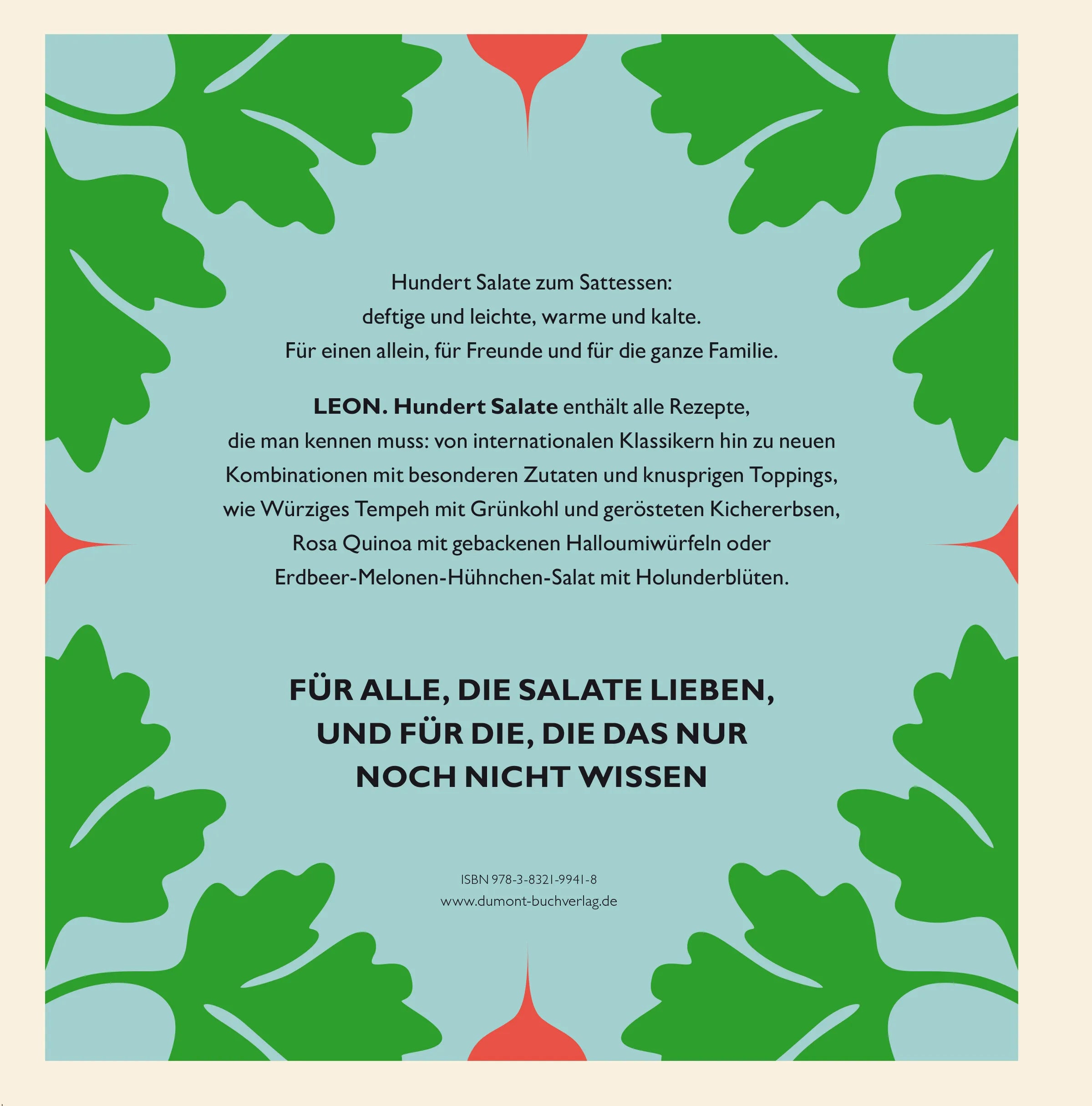 Buchrückseite von 'LEON. Hundert Salate' mit Klappentext - Gebundene Ausgabe