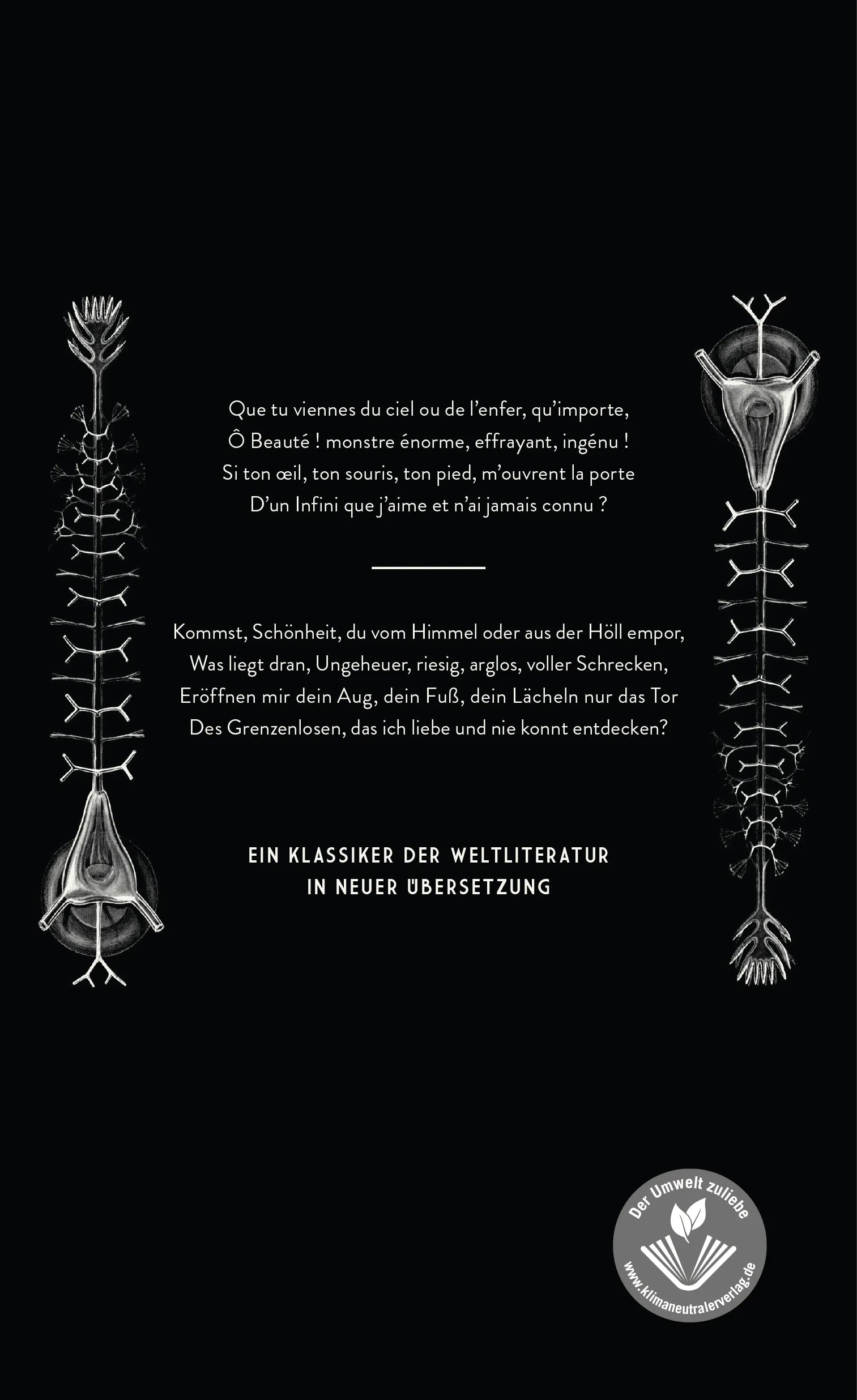 Buchrückseite von 'Les Fleurs du Mal - Die Blumen des Bösen' mit Klappentext - Gebundene Ausgabe