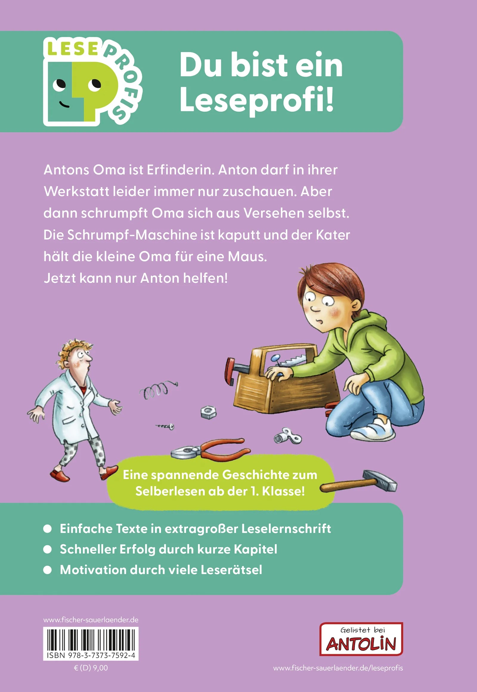 Buchrückseite von 'Leseprofis – Die total verrückte Schrumpf-Maschine, 1. Klasse' mit Klappentext - Gebundene Ausgabe