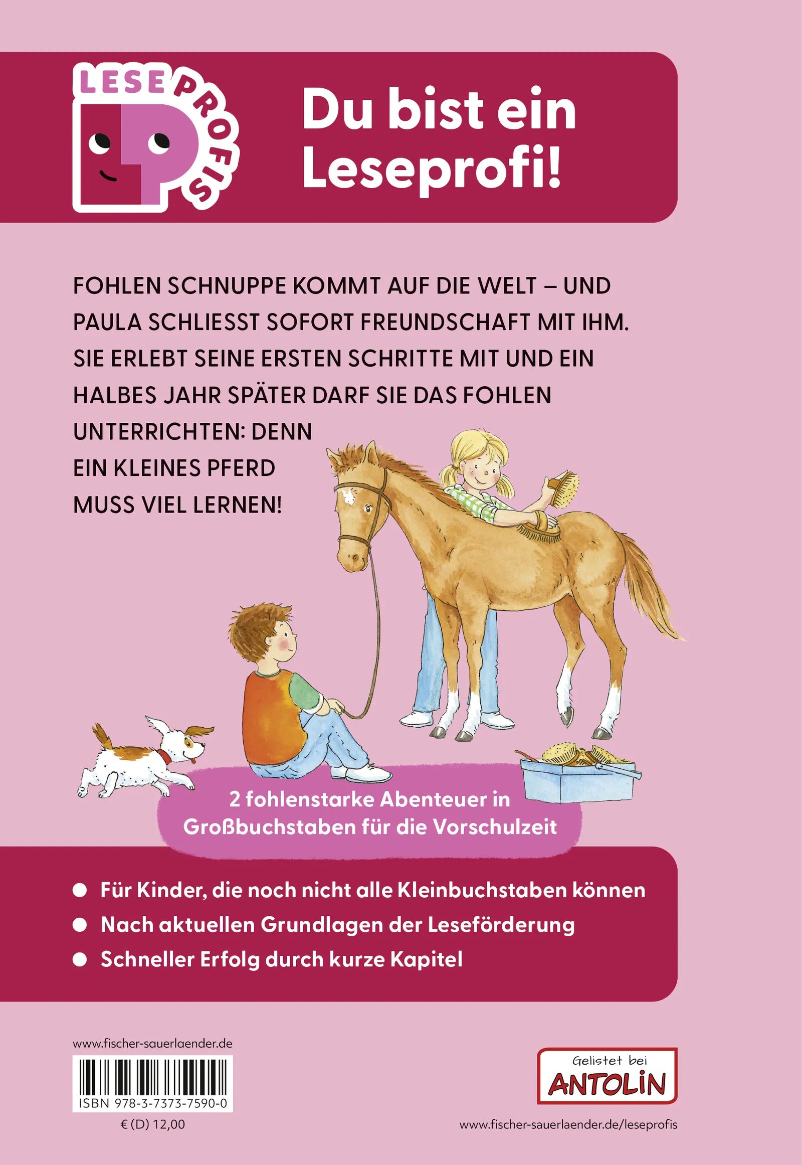 Buchrückseite von 'Leseprofis – GROSSBUCHSTABEN: EIN FOHLEN NAMENS SCHNUPPE, 1. Klasse' mit Klappentext - Gebundene Ausgabe