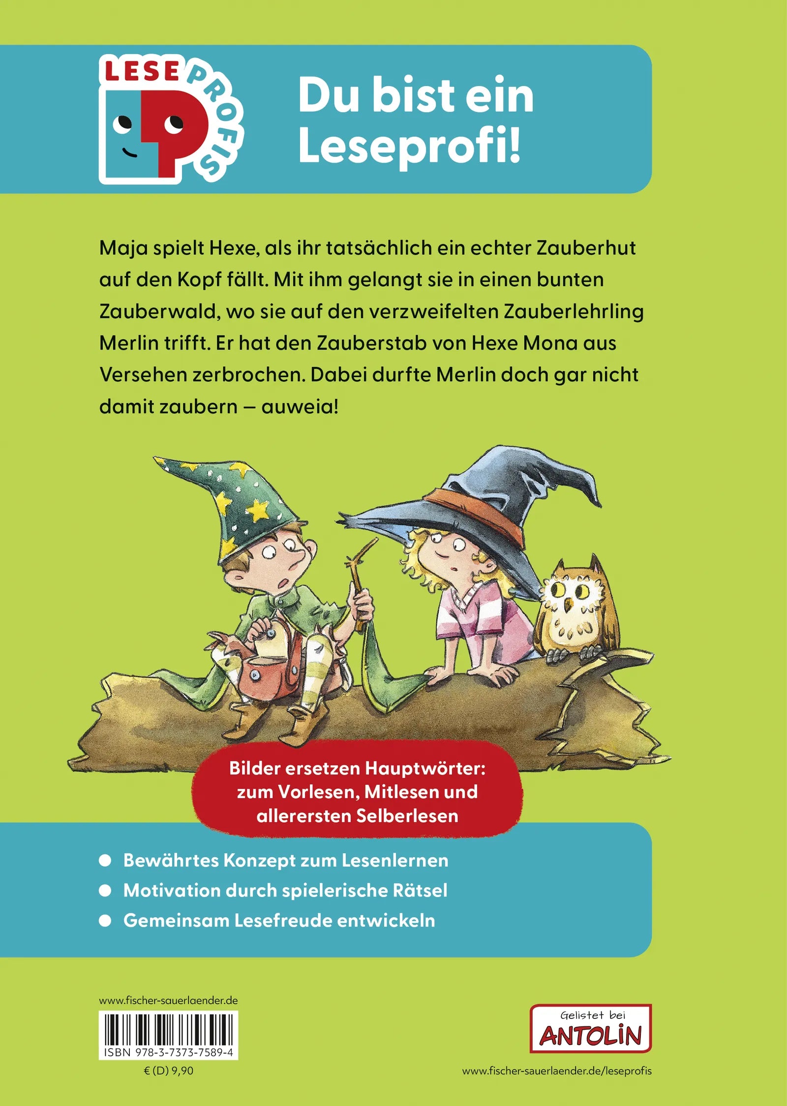 Buchrückseite von 'Leseprofis – Mit Bildern lesen lernen: Der geheimnisvolle Zauberhut, Erstes Lesen' mit Klappentext - Gebundene Ausgabe