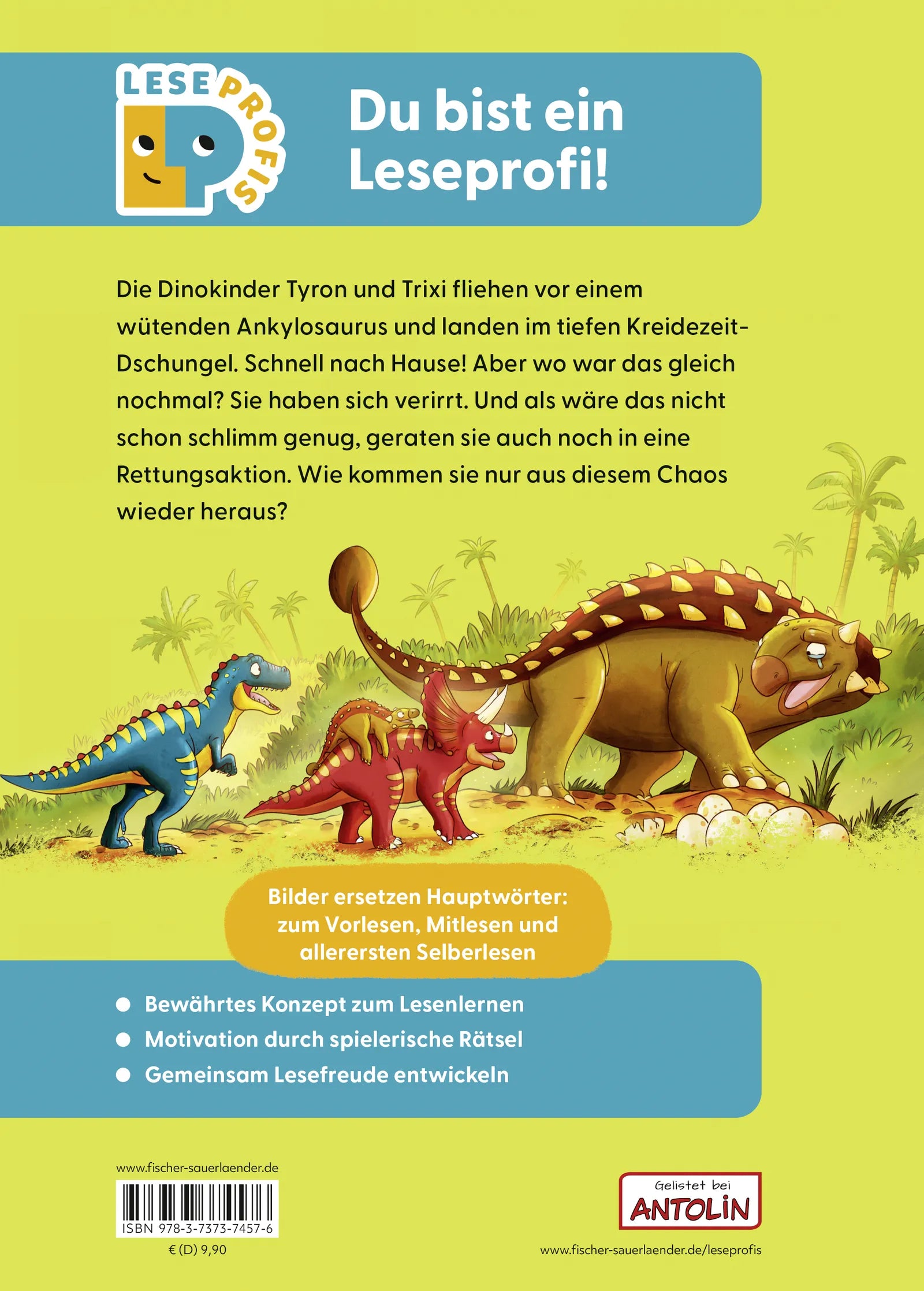 Buchrückseite von 'Leseprofis – Mit Bildern lesen lernen: Zwei Dinos wollen nach Hause, Erstes Lesen' mit Klappentext - Gebundene Ausgabe