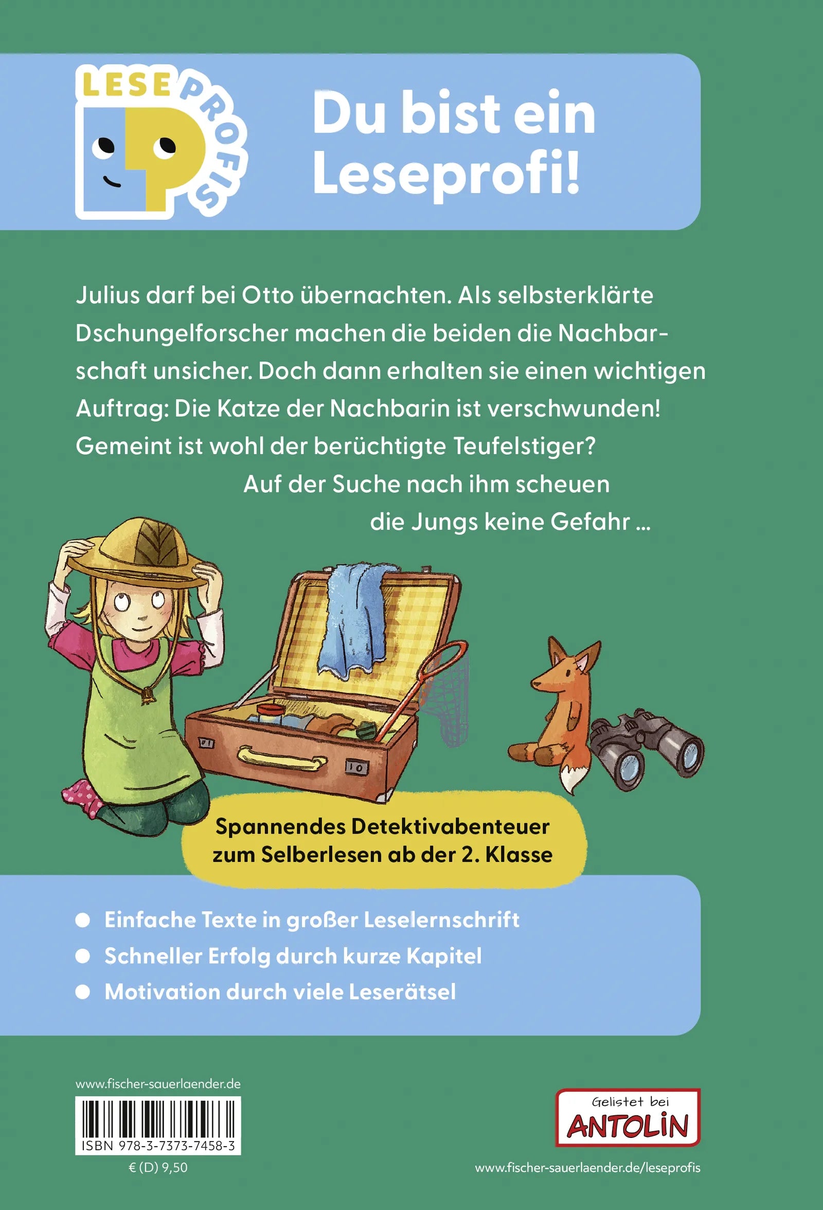 Buchrückseite von 'Leseprofis – Tigerjagd um Mitternacht, 2. Klasse' mit Klappentext - Gebundene Ausgabe