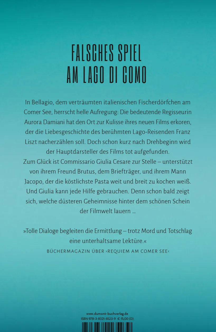 Buchrückseite von 'Letzte Klappe am Comer See' mit Klappentext - Paperback