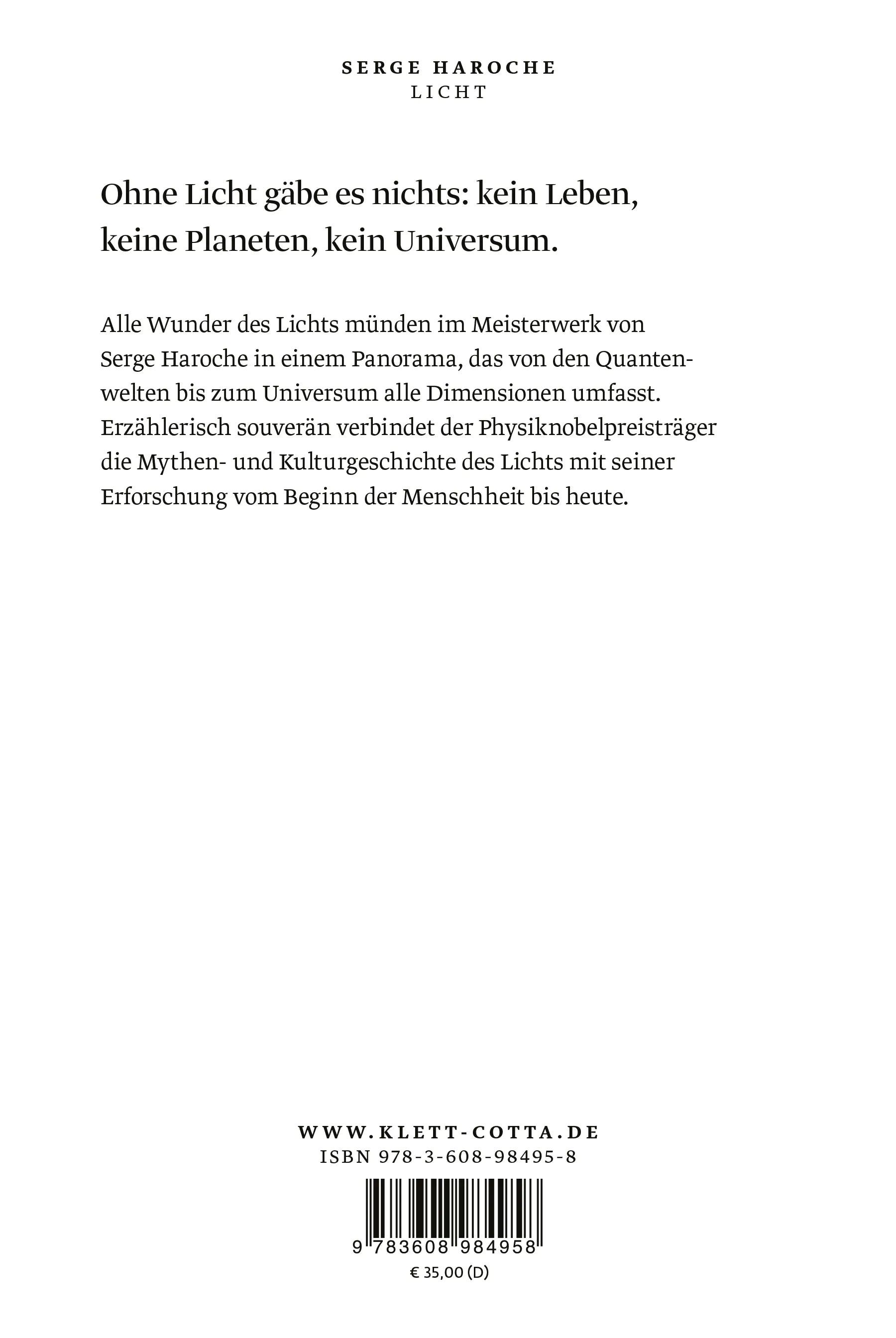 Buchrückseite von 'Licht' mit Klappentext - Gebundene Ausgabe