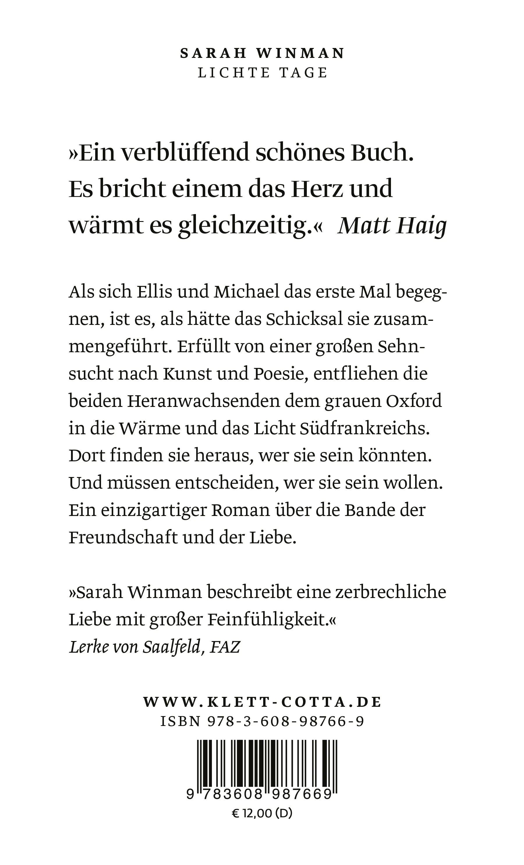 Buchrückseite von 'Lichte Tage' mit Klappentext - Taschenbuch