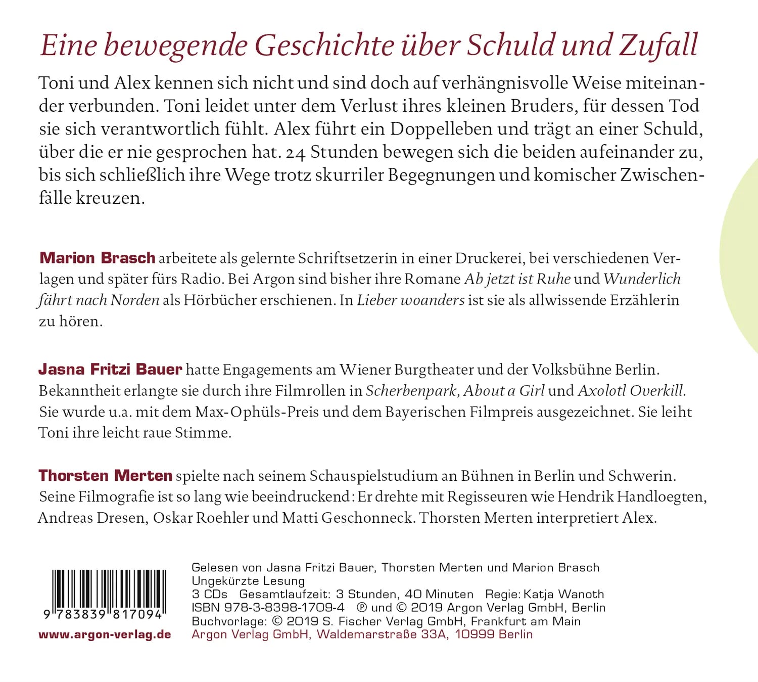 Buchrückseite von 'Lieber woanders' mit Klappentext - Hörbuch (CD)