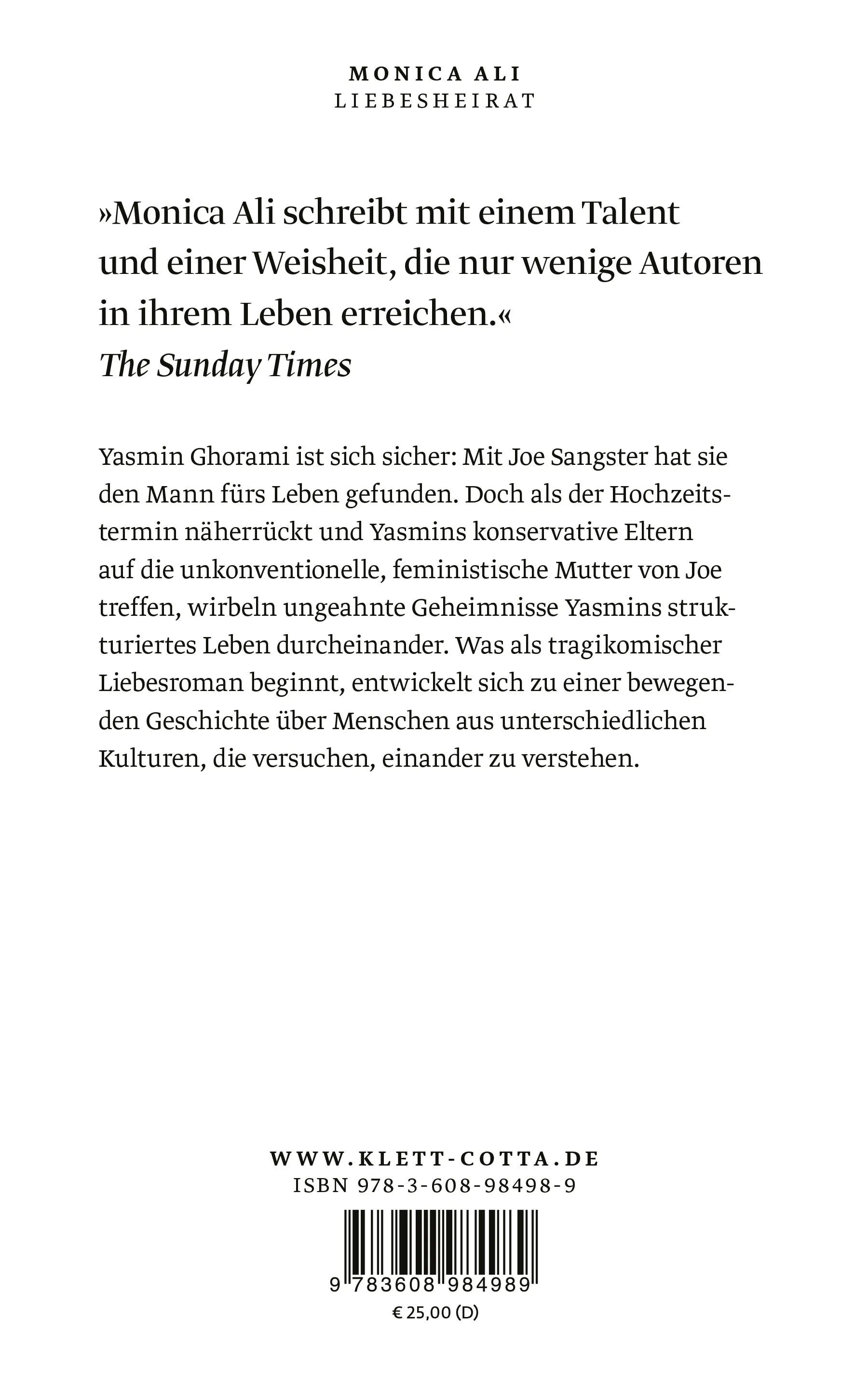 Buchrückseite von 'Liebesheirat' mit Klappentext - Gebundene Ausgabe