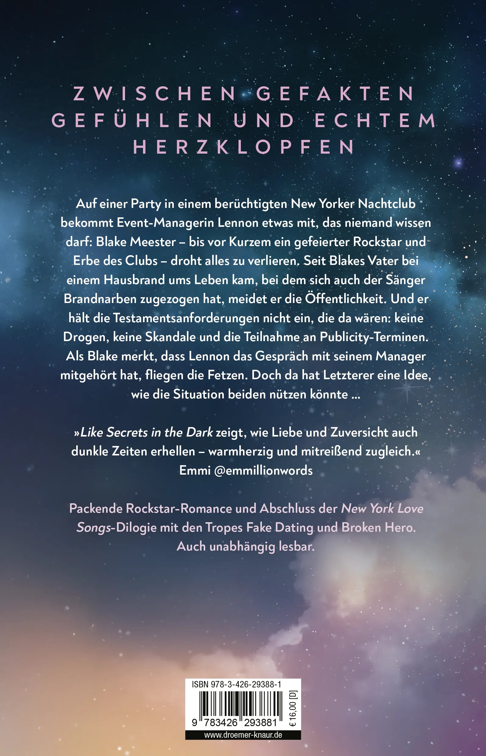 Buchrückseite von 'Like Secrets in the Dark' mit Klappentext - Paperback