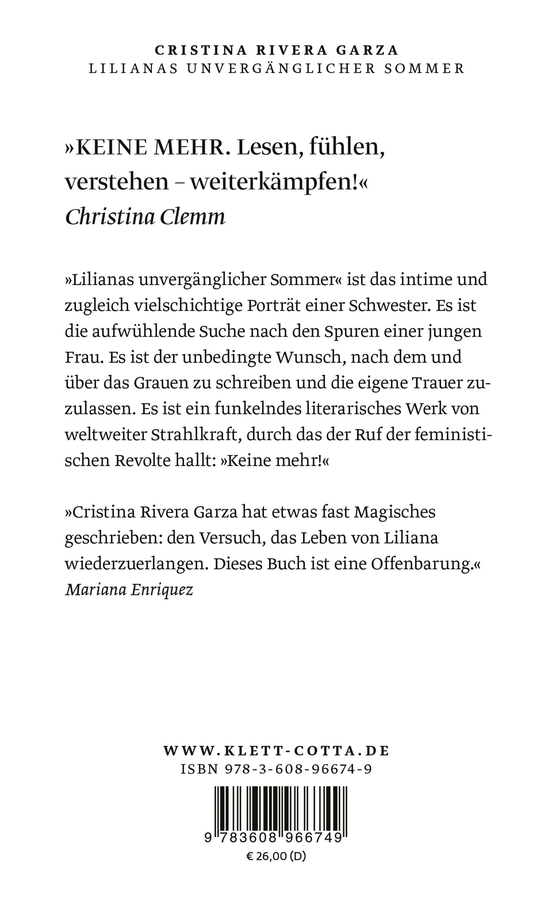 Buchrückseite von 'Lilianas unvergänglicher Sommer' mit Klappentext - Gebundene Ausgabe