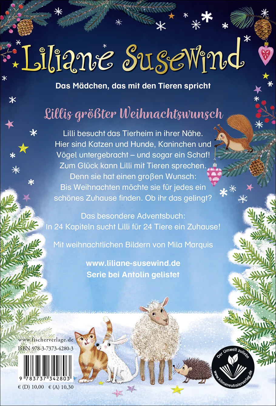Buchrückseite von 'Liliane Susewind – 24 Tiere suchen ein Zuhause. Das Adventskalenderbuch' mit Klappentext - Gebundene Ausgabe