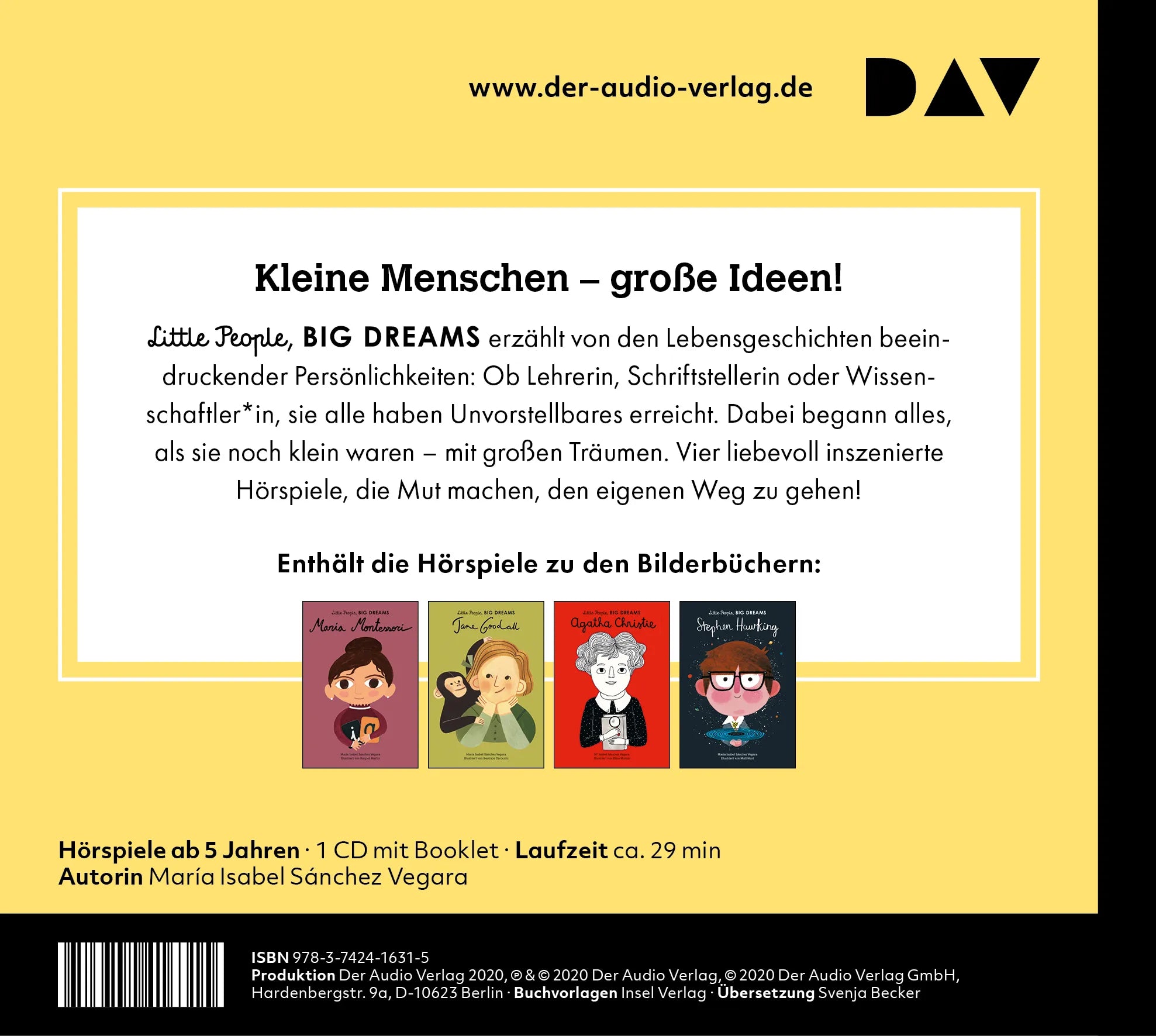 Buchrückseite von 'Little People, Big Dreams® – Teil 1: Maria Montessori, Jane Goodall, Agatha Christie, Stephen Hawking' mit Klappentext - Hörbuch (CD)