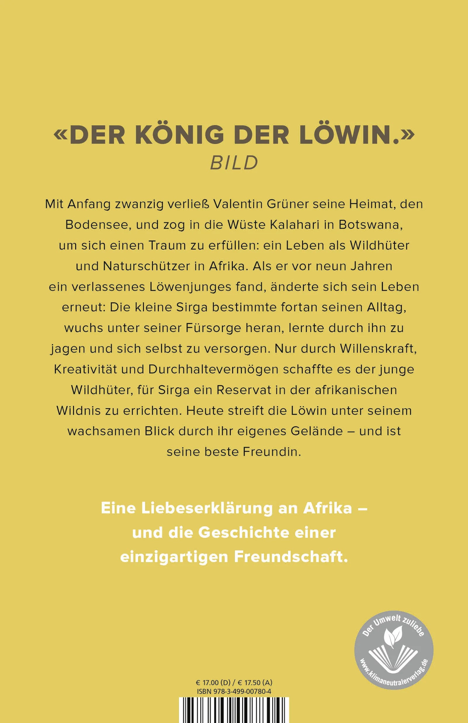 Buchrückseite von 'Löwenland' mit Klappentext - Paperback