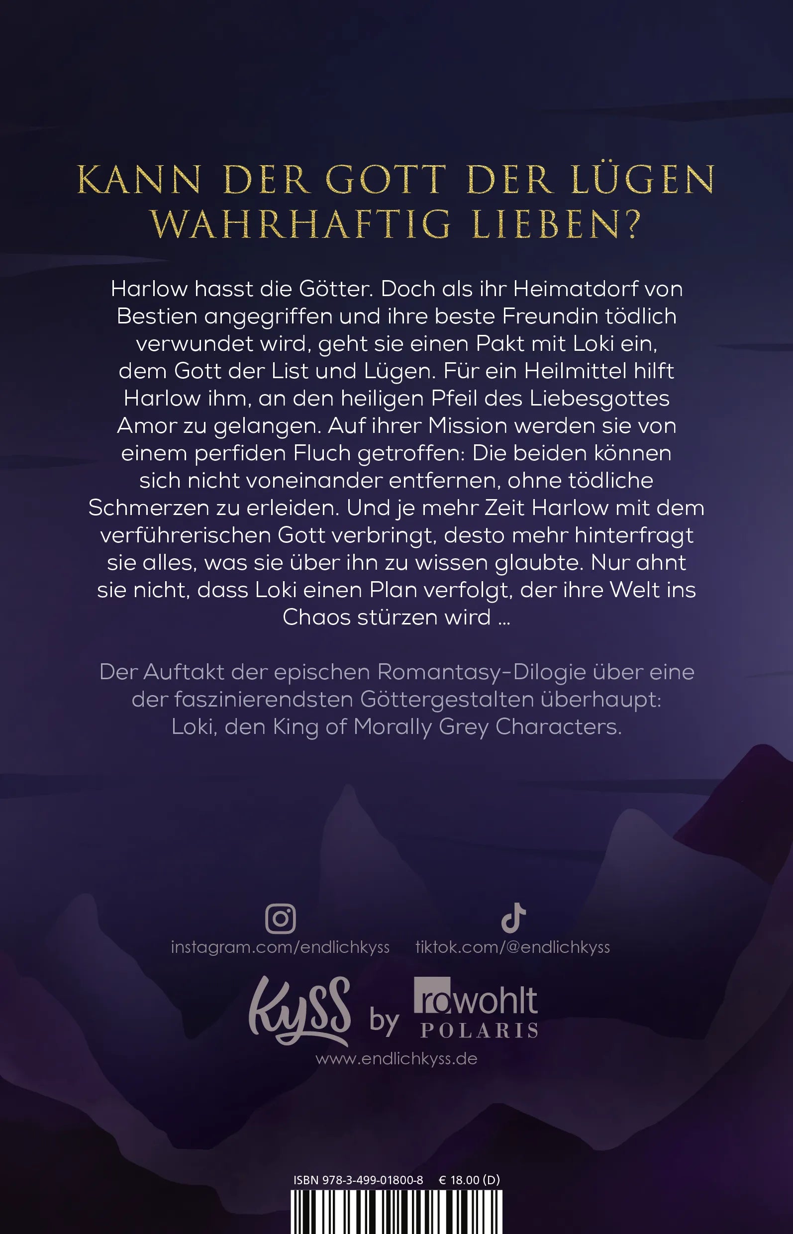 Buchrückseite von 'Loki − Her Twisted Heart' mit Klappentext - Paperback