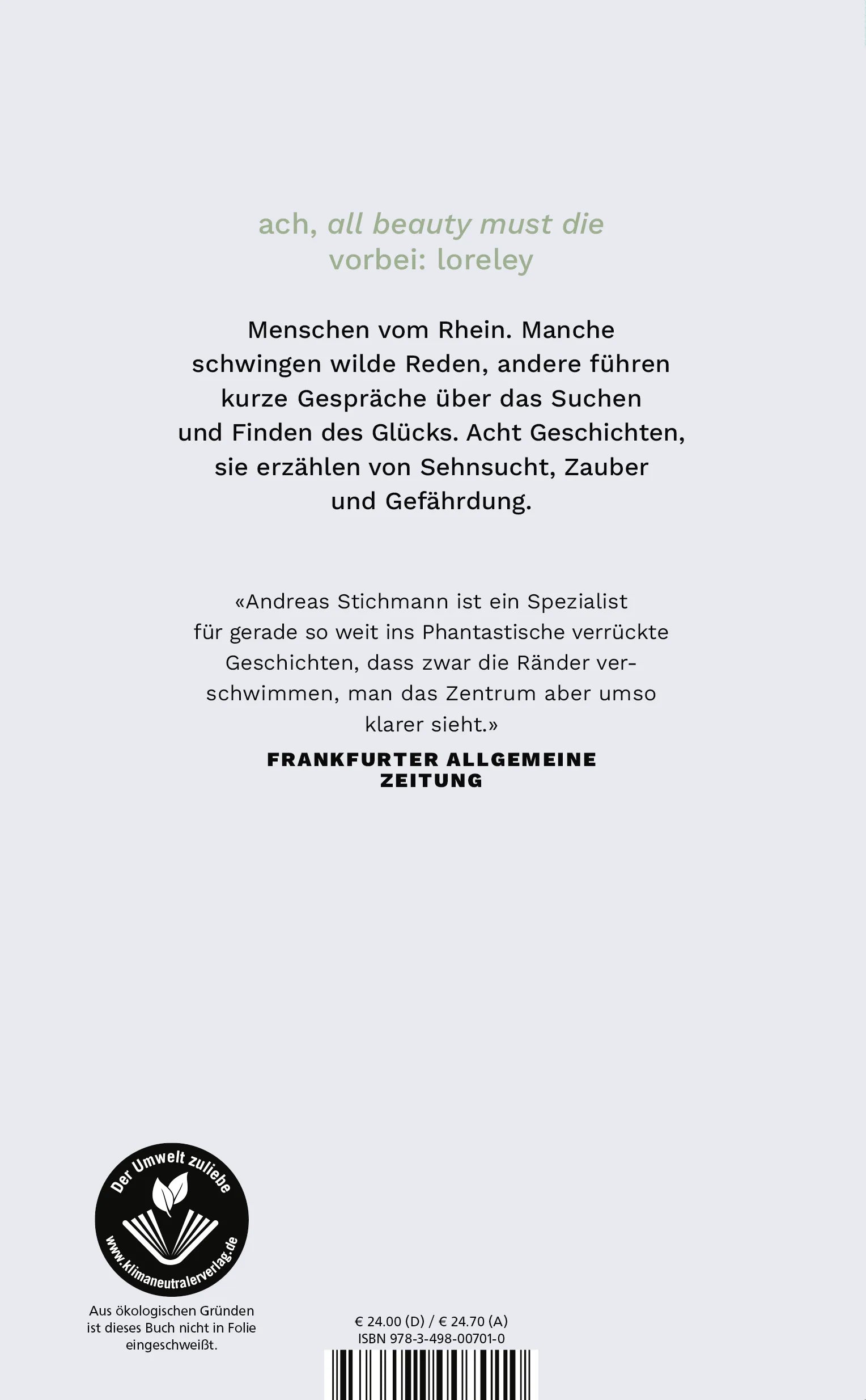 Buchrückseite von 'Loreley' mit Klappentext - Gebundene Ausgabe
