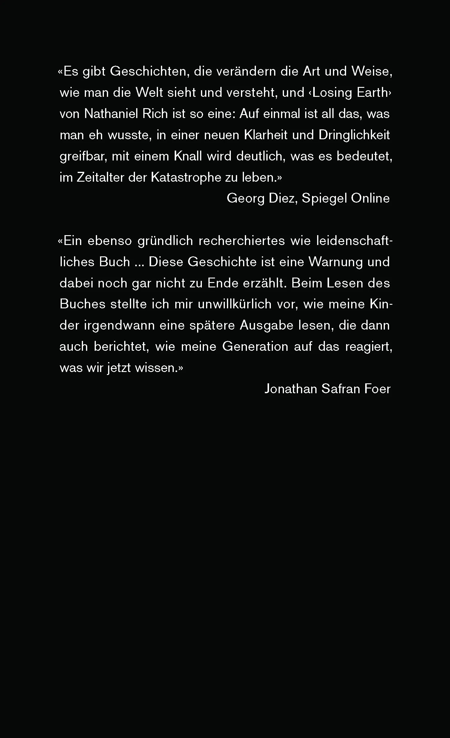 Buchrückseite von 'Losing Earth' mit Klappentext - Gebundene Ausgabe