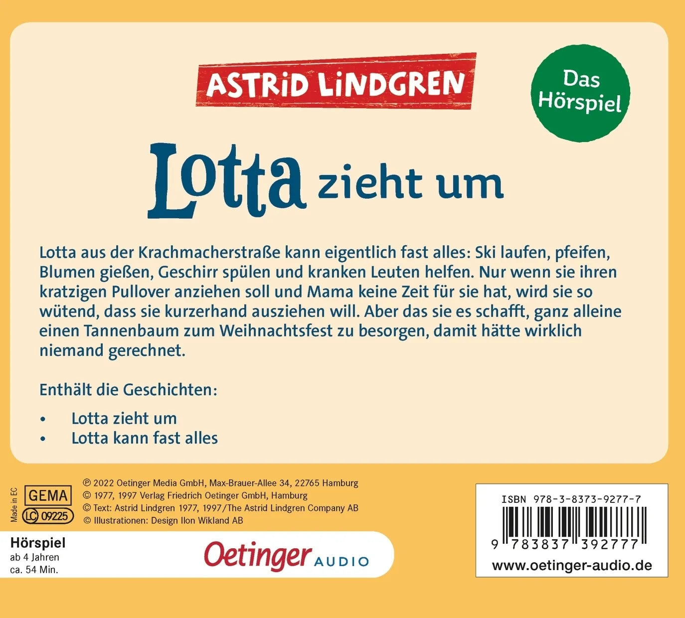 Buchrückseite von 'Lotta zieht um. Das Hörspiel' mit Klappentext - Hörbuch (CD)