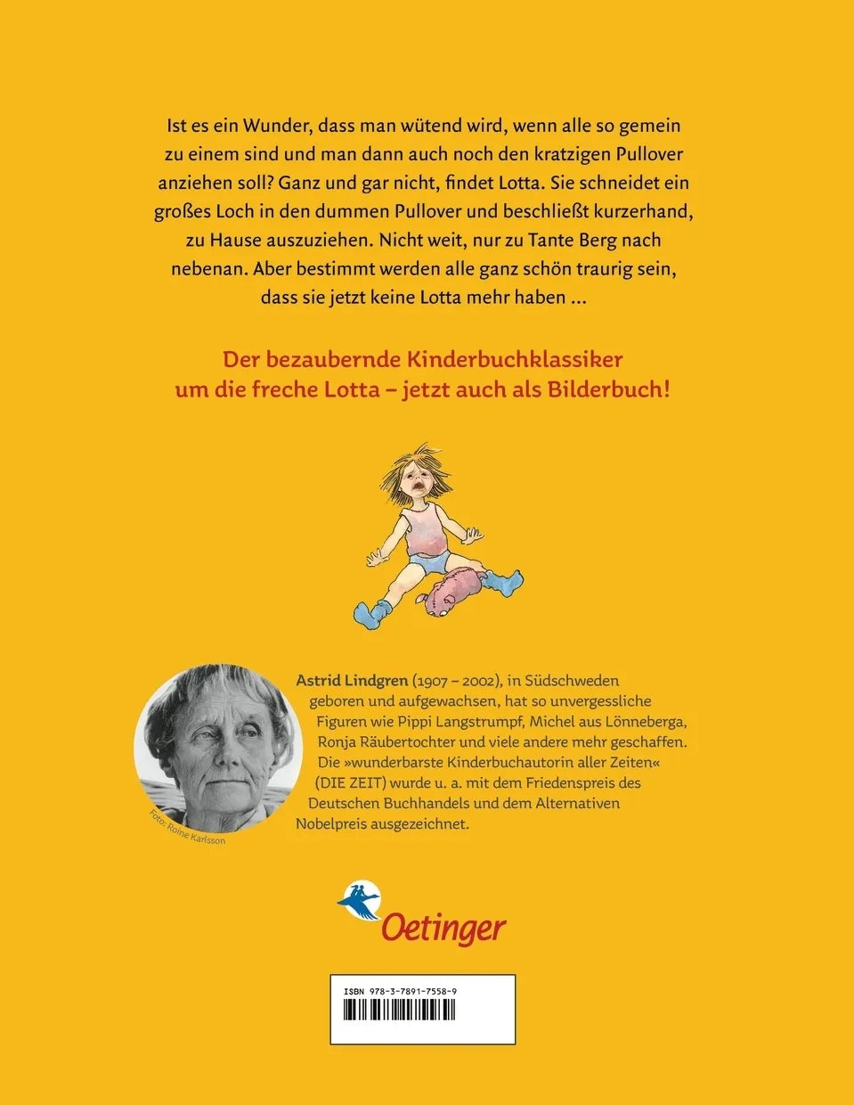 Buchrückseite von 'Lotta zieht um' mit Klappentext - Gebundene Ausgabe