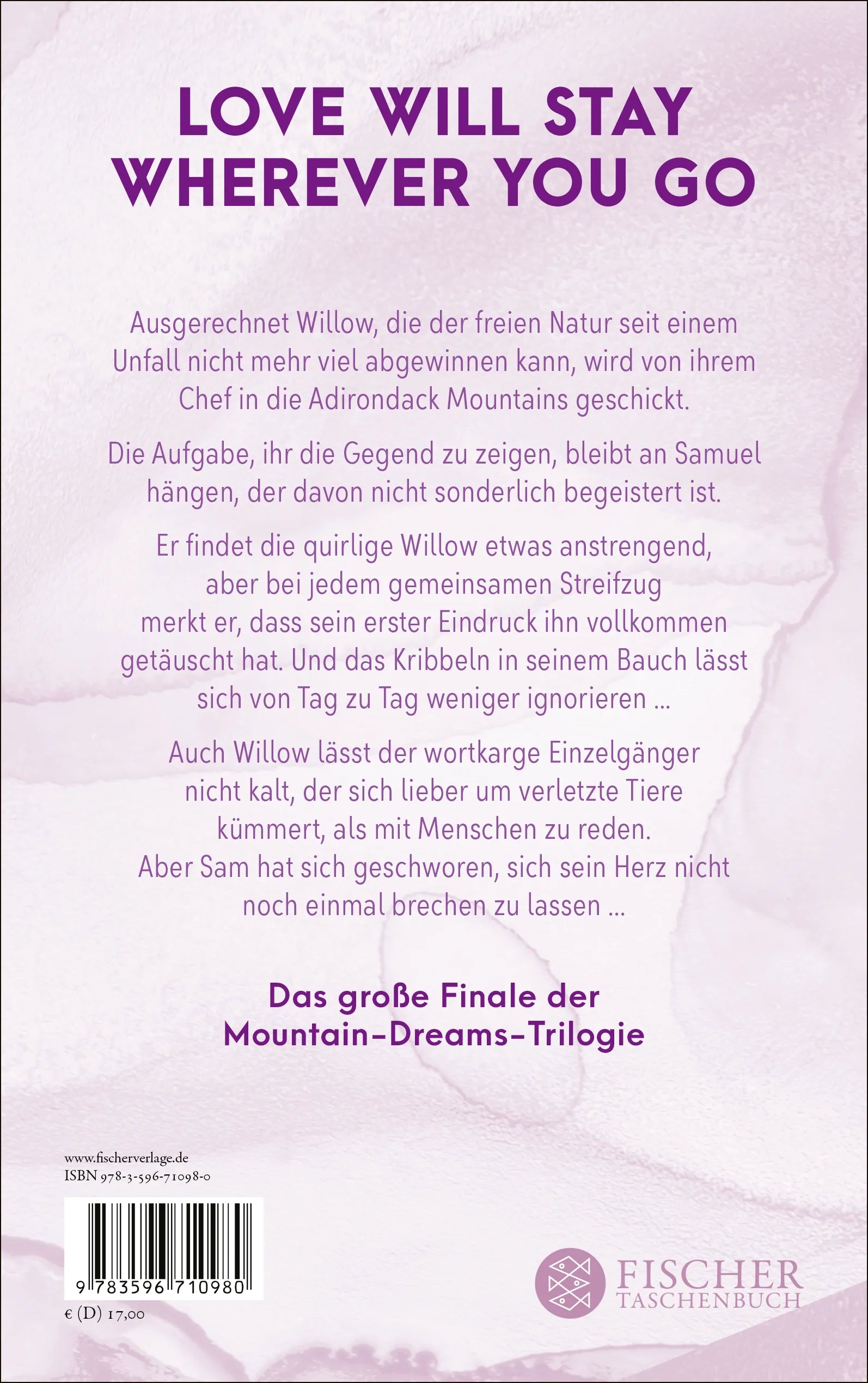 Buchrückseite von 'Love will stay' mit Klappentext - Paperback