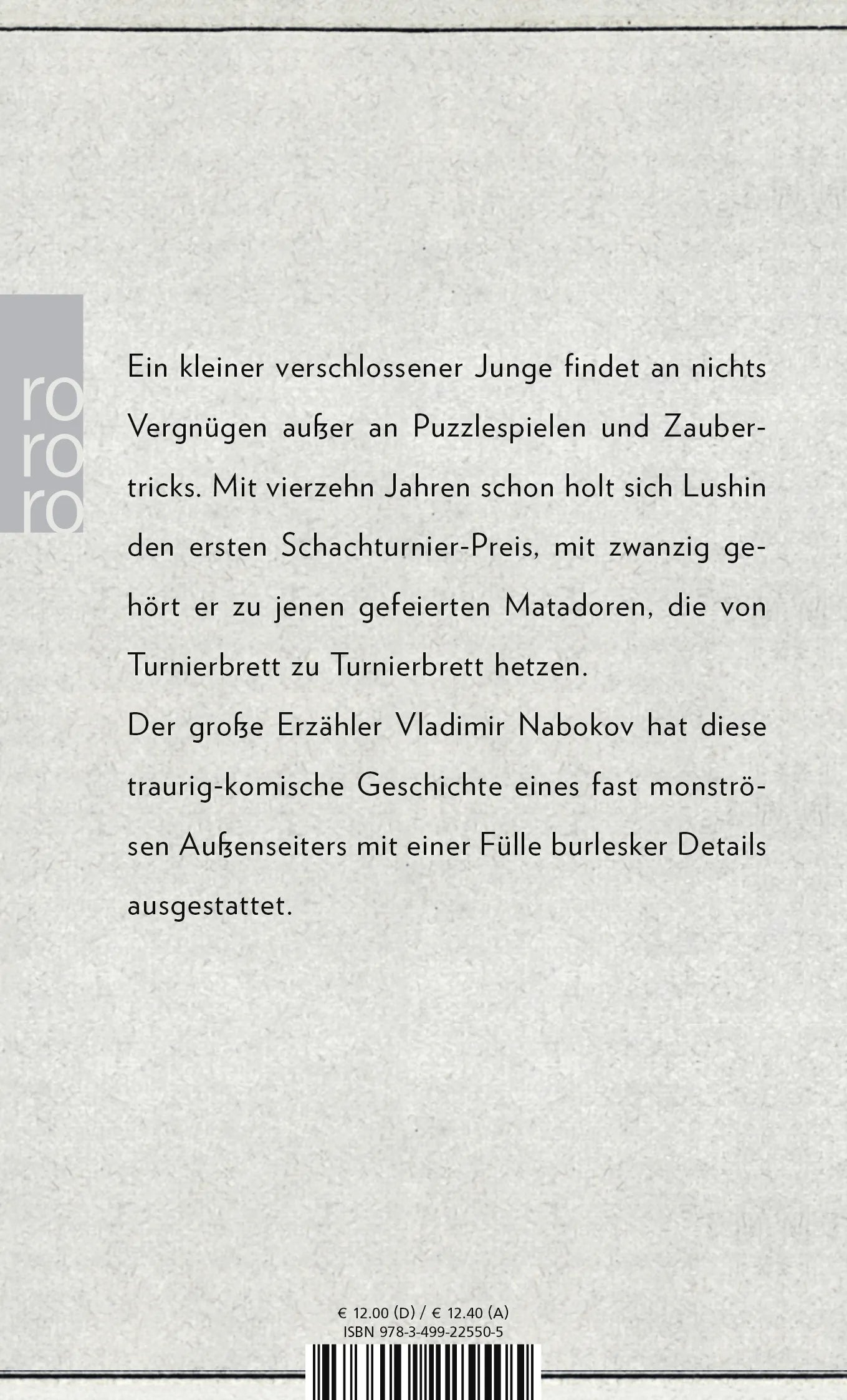 Buchrückseite von 'Lushins Verteidigung' mit Klappentext - Taschenbuch