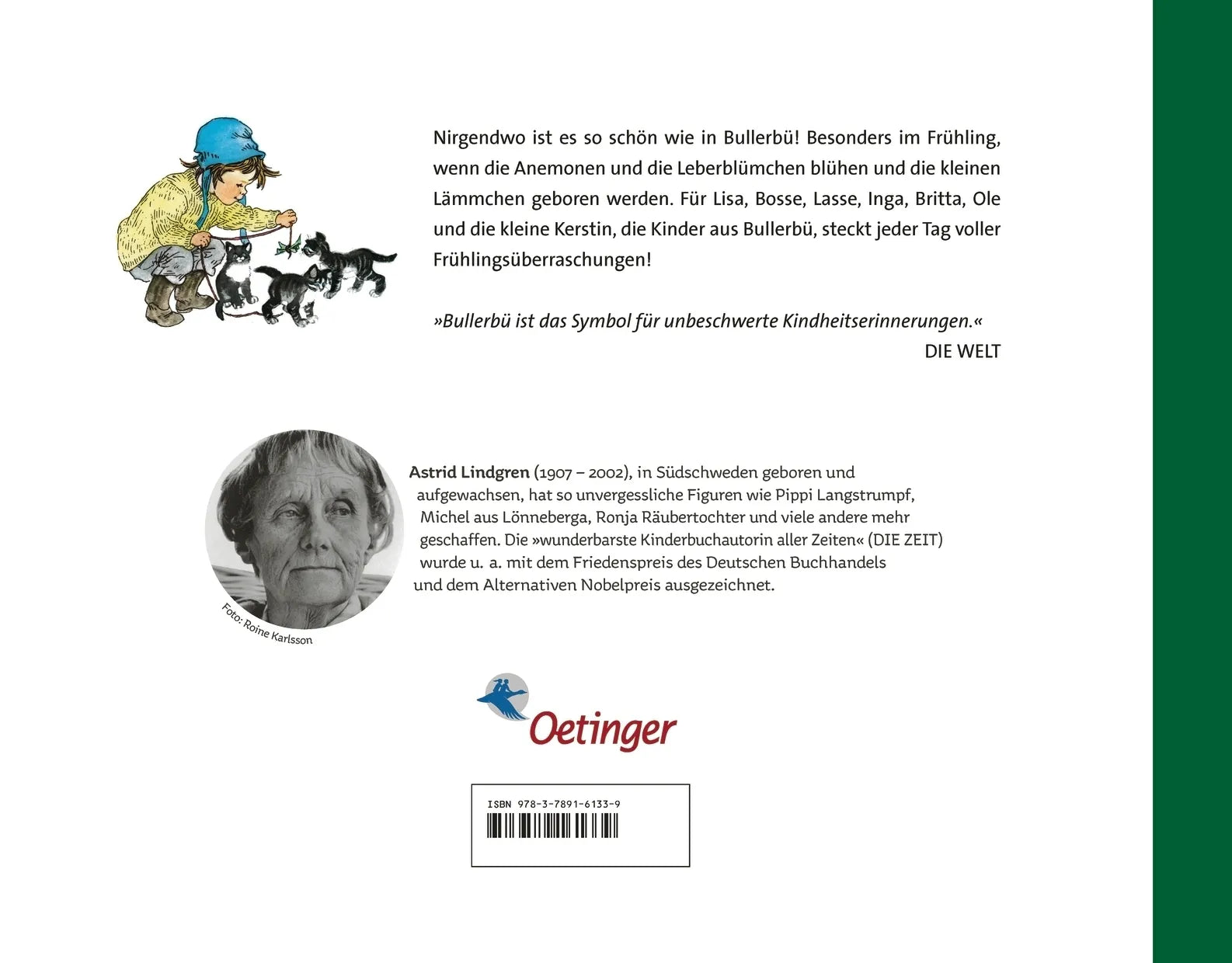 Buchrückseite von 'Lustiges Bullerbü' mit Klappentext - Gebundene Ausgabe
