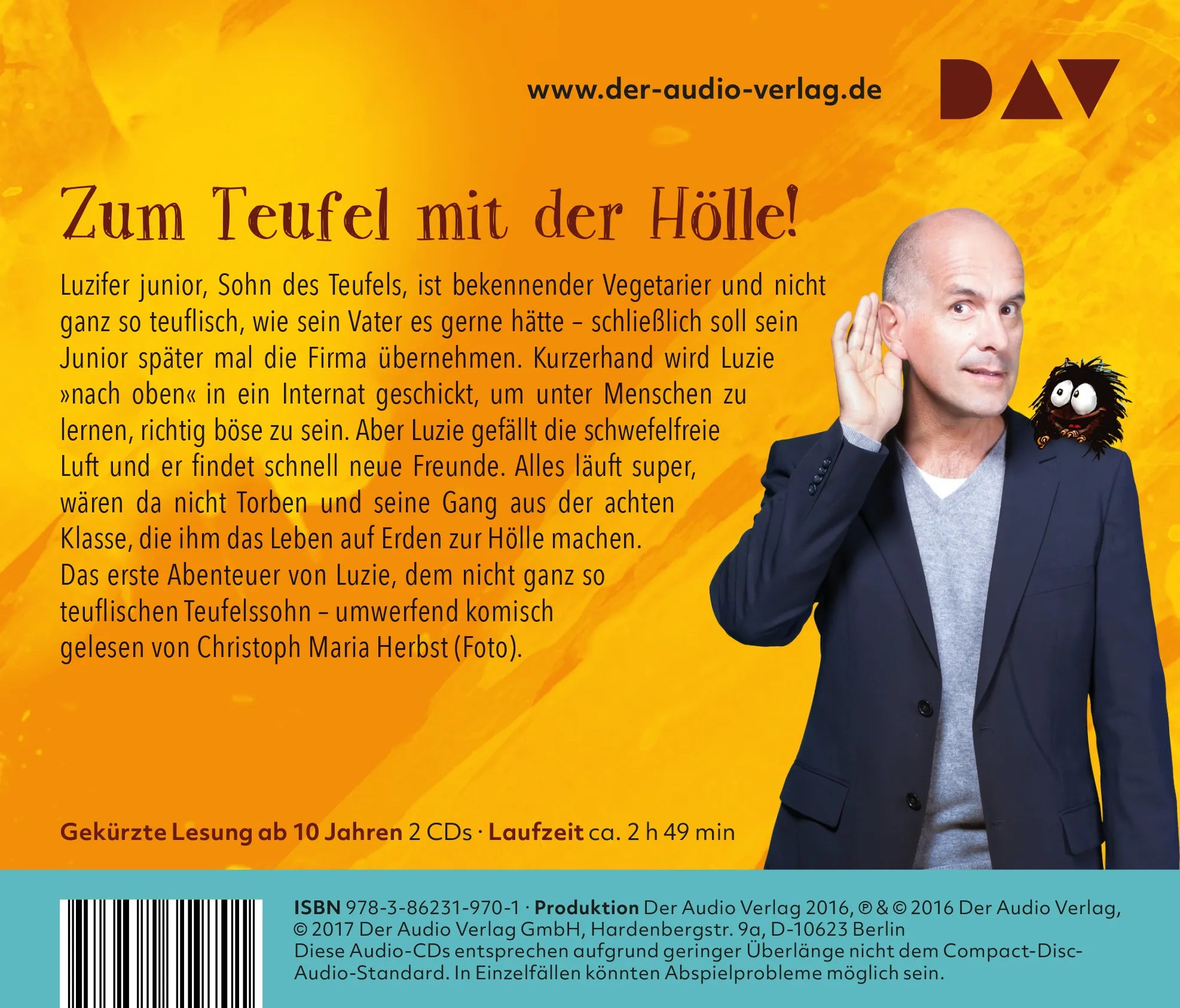 Buchrückseite von 'Luzifer junior – Teil 1: Zu gut für die Hölle' mit Klappentext - Hörbuch (CD)