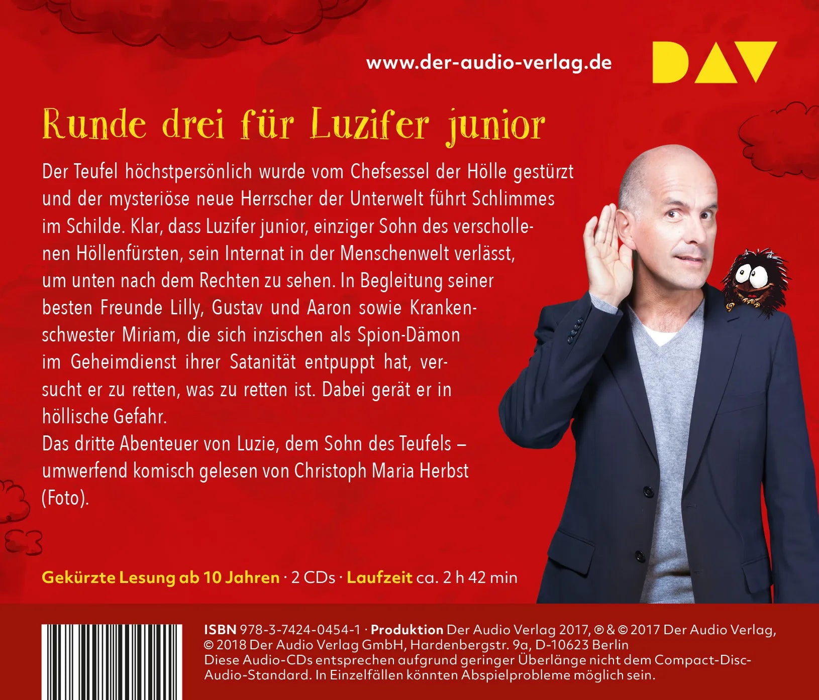 Buchrückseite von 'Luzifer junior – Teil 3: Einmal Hölle und zurück' mit Klappentext - Hörbuch (CD)
