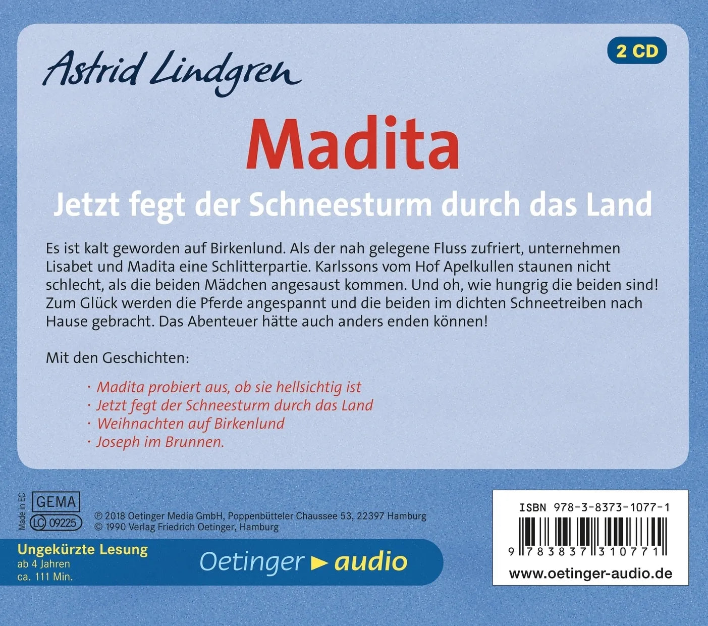 Buchrückseite von 'Madita. Jetzt fegt der Schneesturm durch das Land' mit Klappentext - Hörbuch (CD)