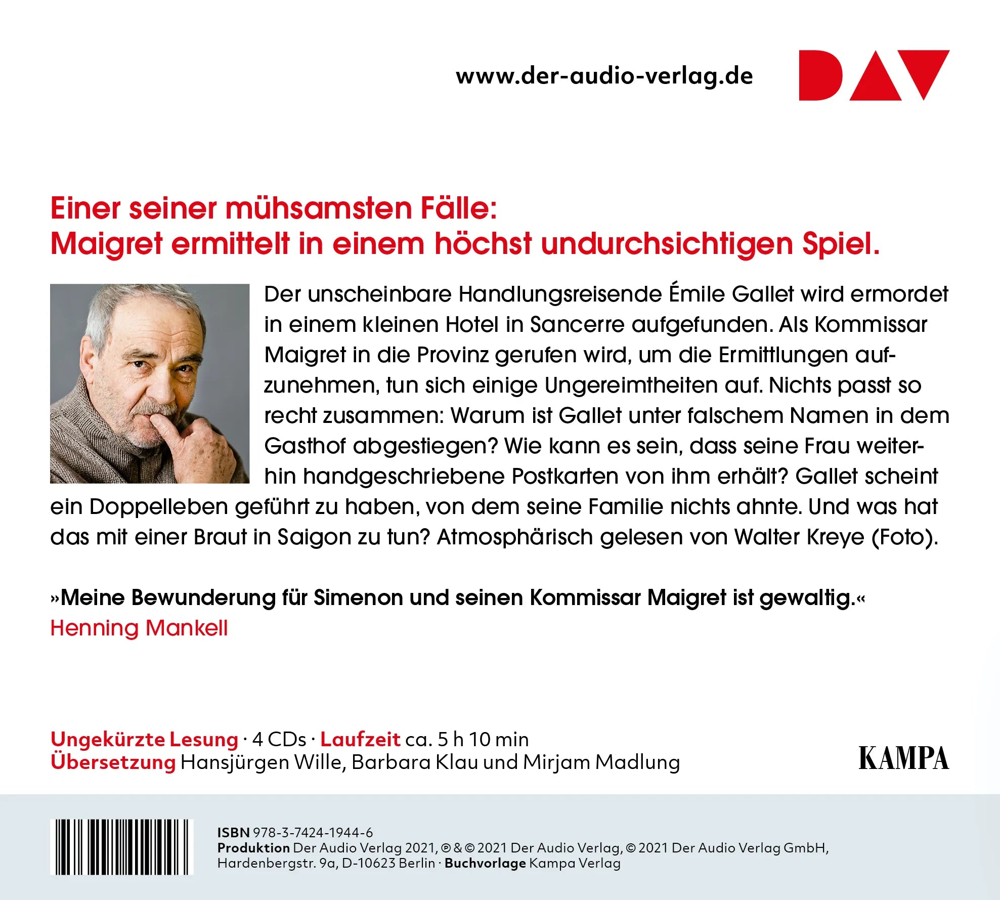 Buchrückseite von 'Maigret und der verstorbene Monsieur Gallet' mit Klappentext - Hörbuch (CD)