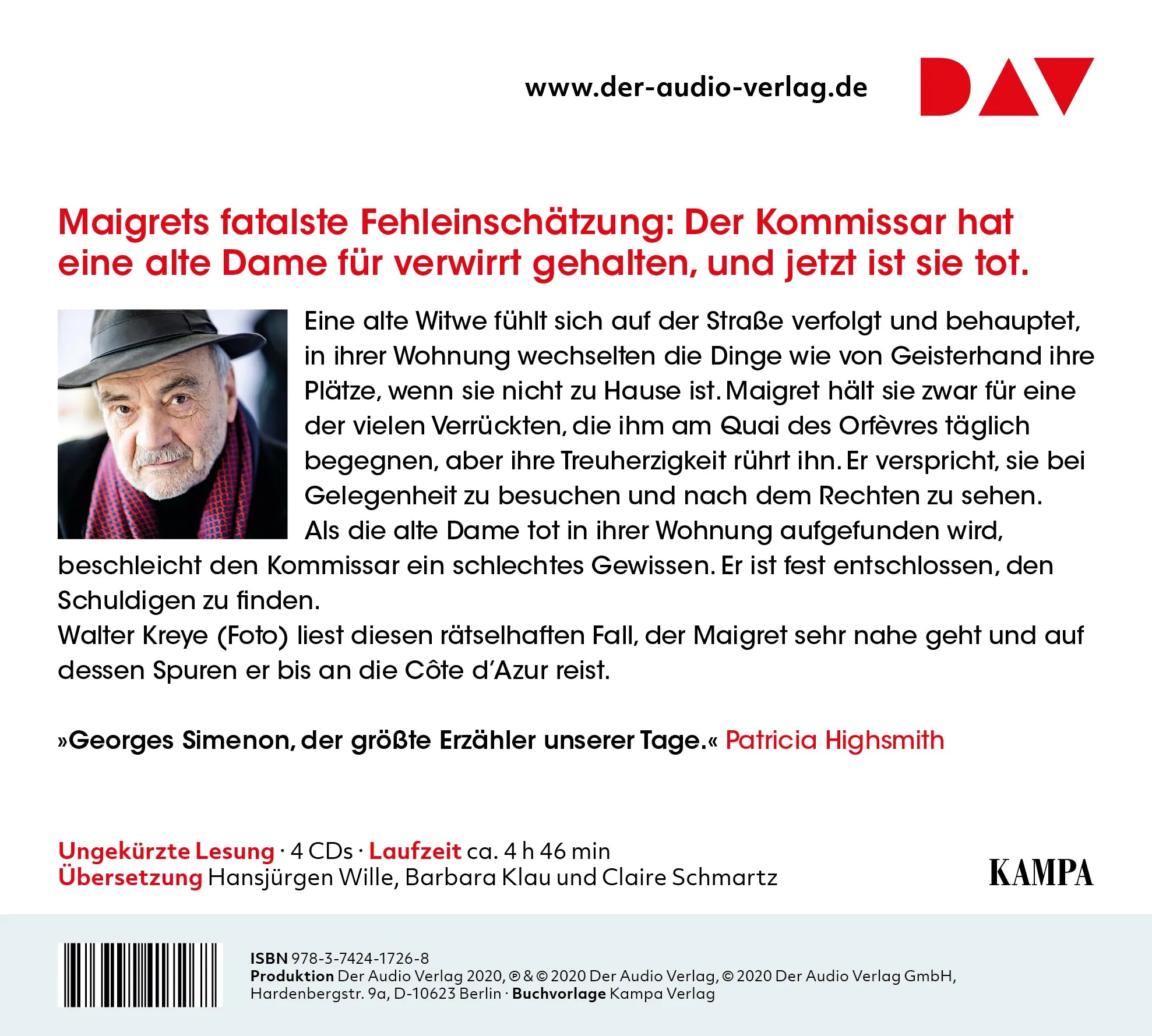 Buchrückseite von 'Maigret und die verrückte Witwe' mit Klappentext - Hörbuch (CD)