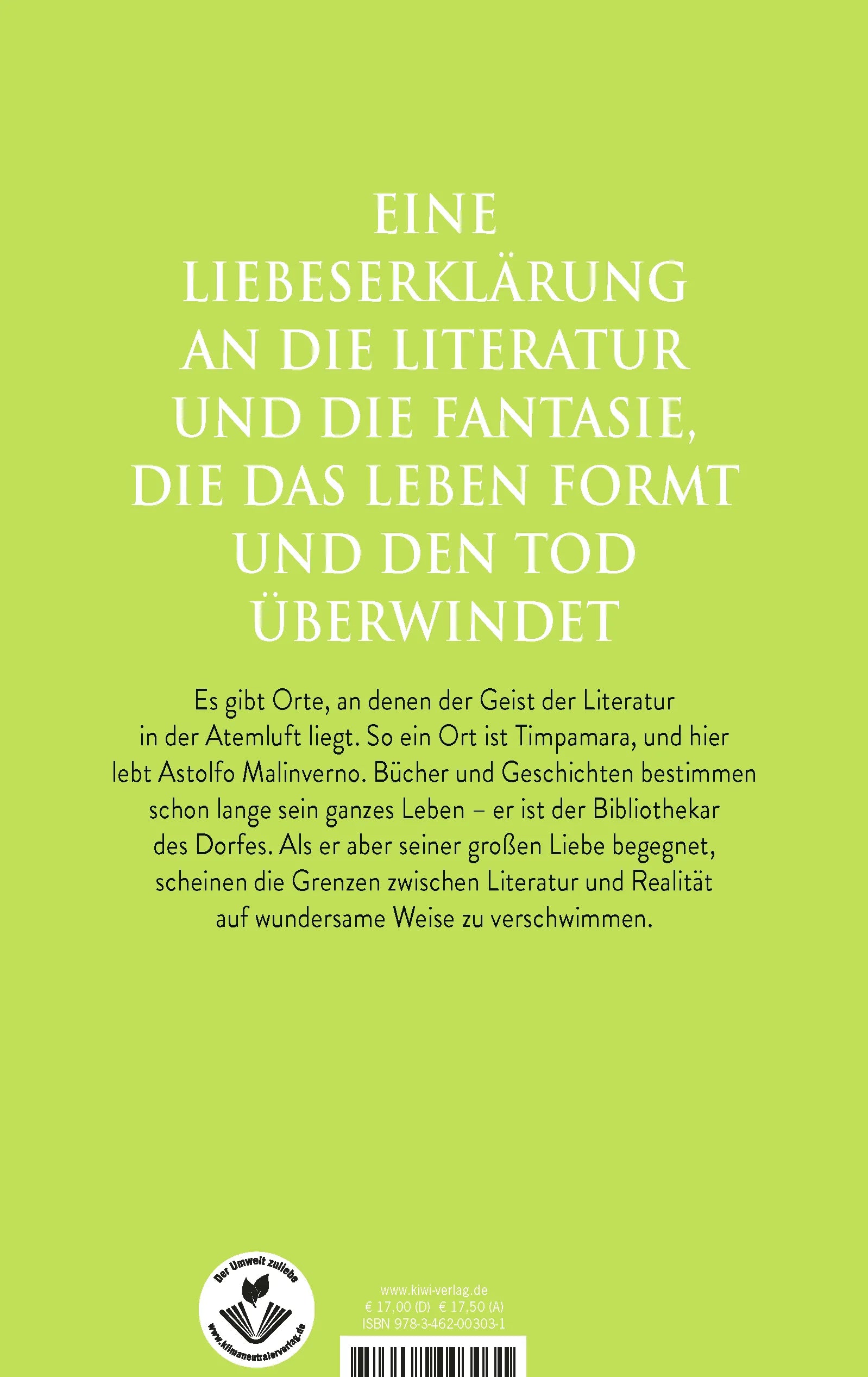Buchrückseite von 'Malinverno oder Die Bibliothek der verlorenen Geschichten' mit Klappentext - Paperback