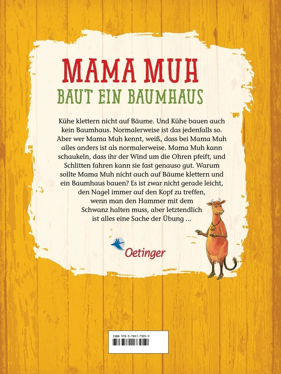 Buchrückseite von 'Mama Muh baut ein Baumhaus' mit Klappentext - Gebundene Ausgabe