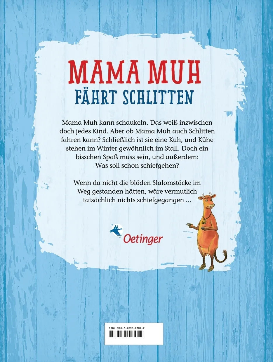 Buchrückseite von 'Mama Muh fährt Schlitten' mit Klappentext - Gebundene Ausgabe