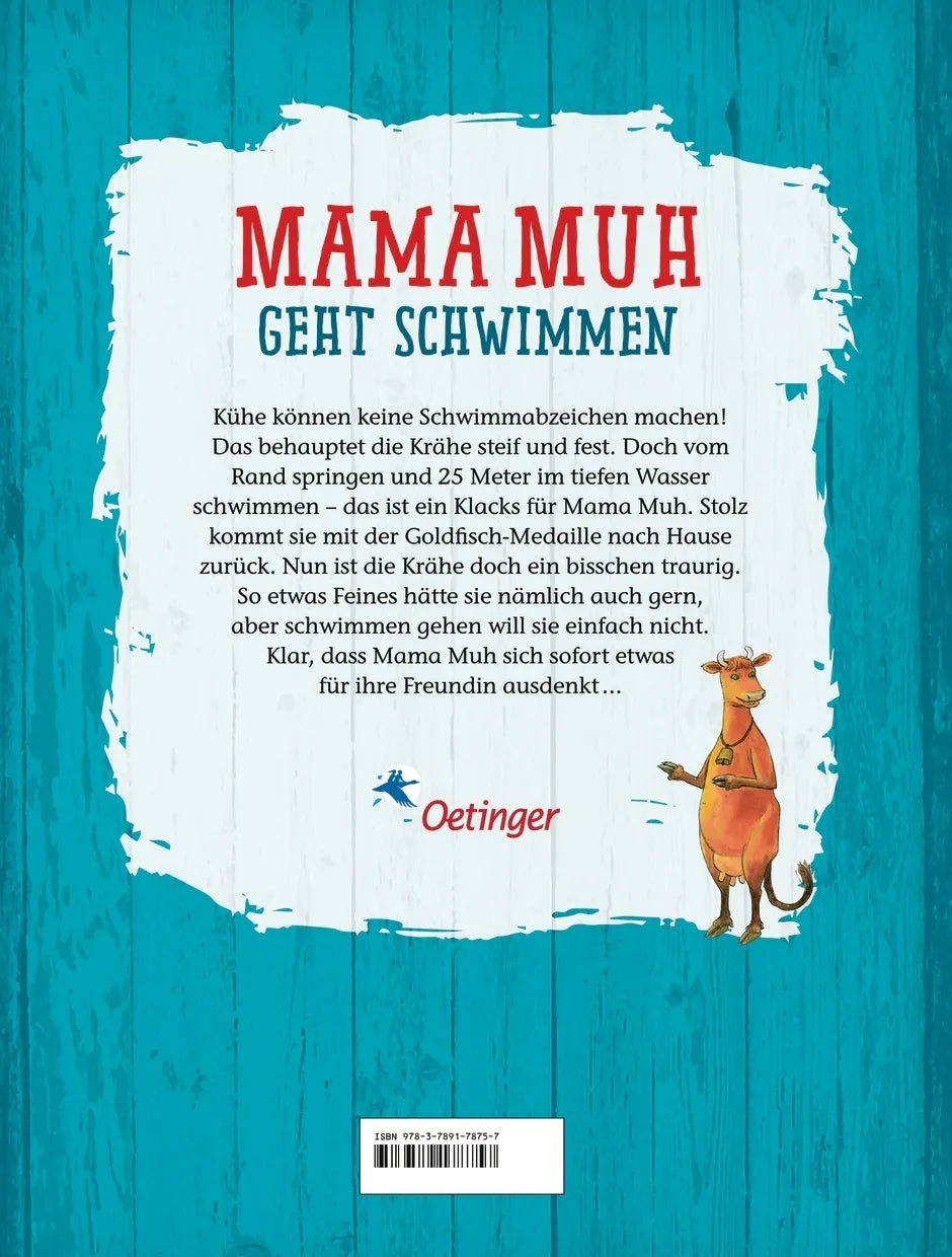 Buchrückseite von 'Mama Muh geht schwimmen' mit Klappentext - Gebundene Ausgabe