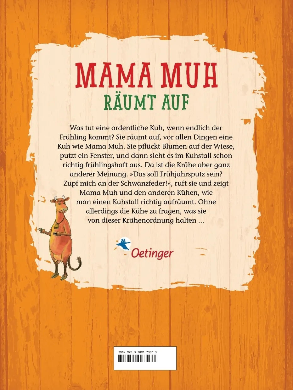 Buchrückseite von 'Mama Muh räumt auf' mit Klappentext - Gebundene Ausgabe