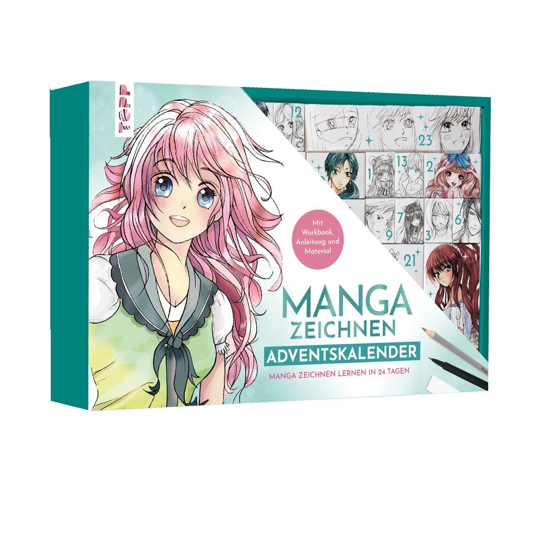 Adventskalender: Manga zeichnen Adventskalender - Manga zeichnen lernen in 24 Tagen. Mit Anleitungsbuch, Workbook und Zeichenmaterial
