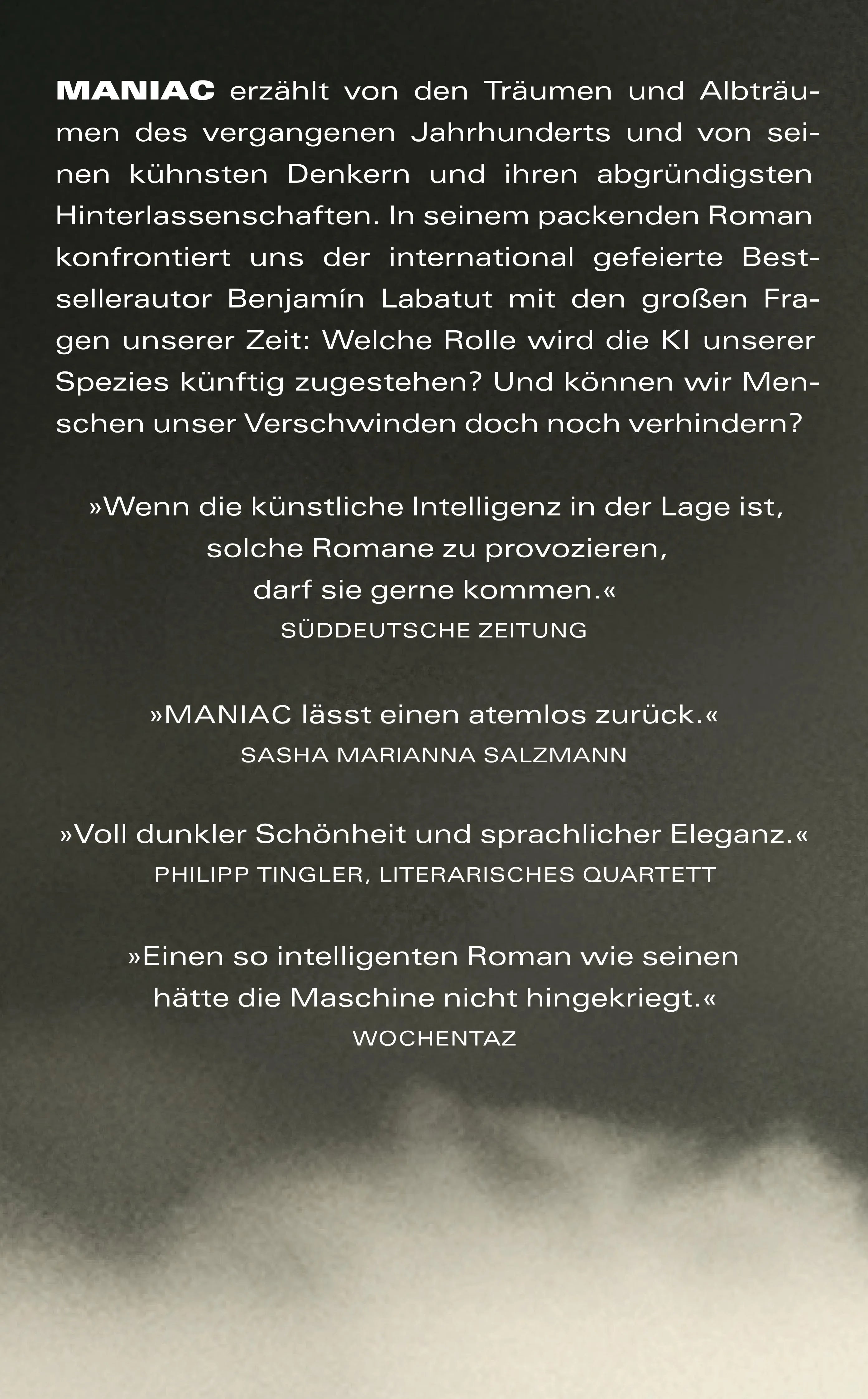 Buchrückseite von 'MANIAC' mit Klappentext - Taschenbuch