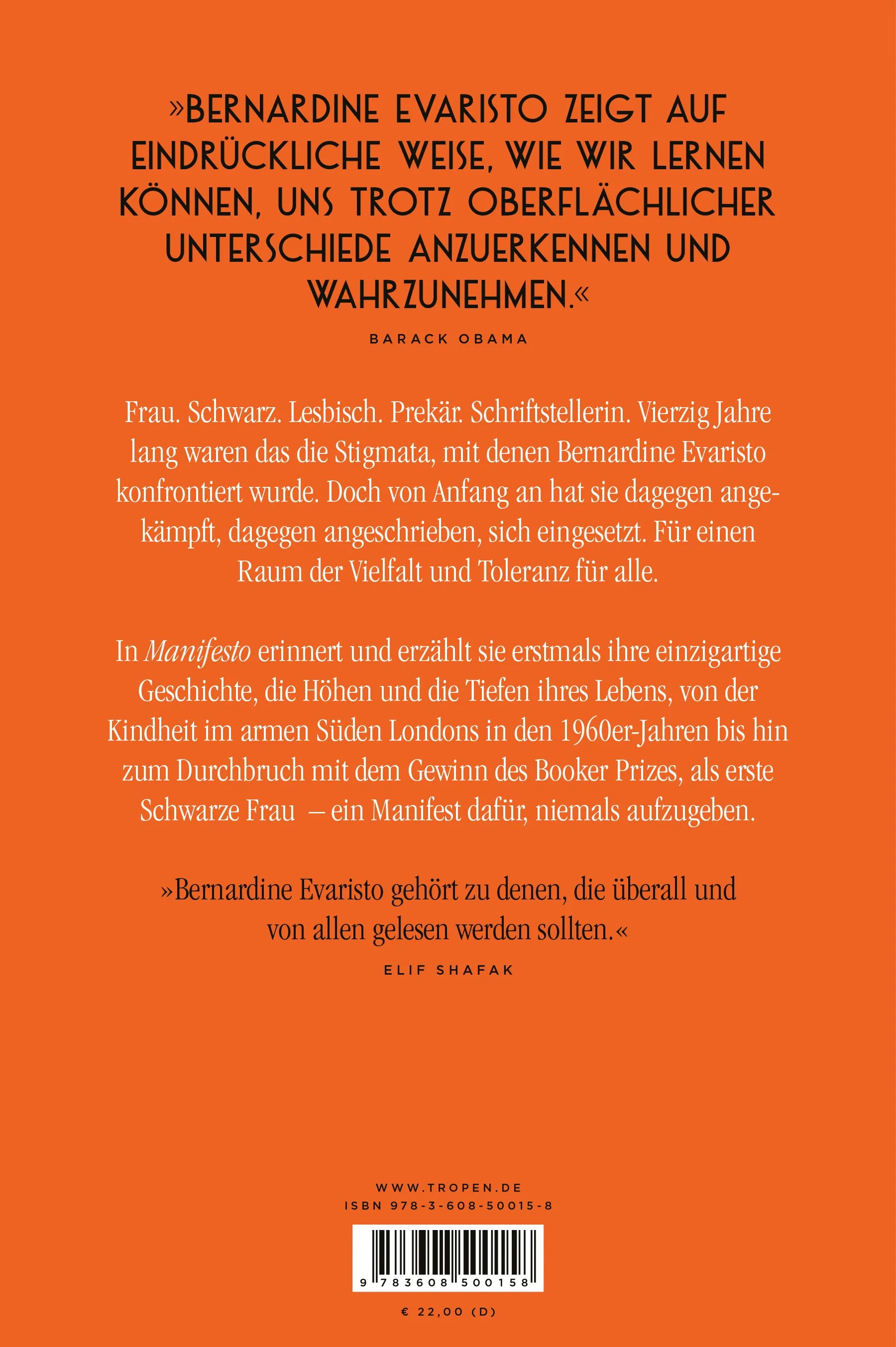 Buchrückseite von 'Manifesto. Warum ich niemals aufgebe. Ein inspirierendes Buch über den Lebensweg der ersten Schwarzen Booker-Prize-Gewinnerin und Bestseller-Autorin von »Mädchen, Frau etc.«' mit Klappentext - Gebundene Ausgabe