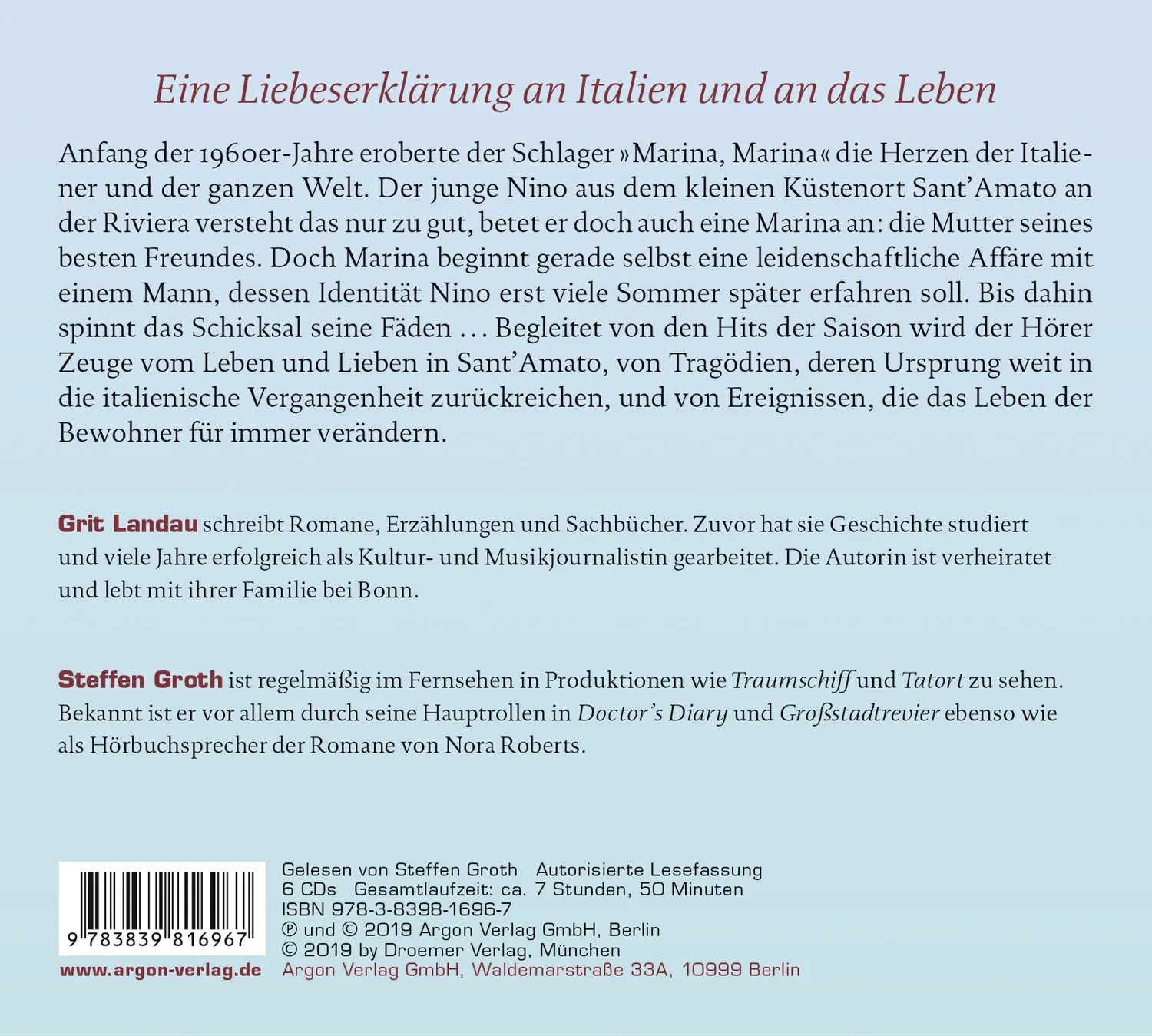 Buchrückseite von 'Marina, Marina' mit Klappentext - Hörbuch (CD)