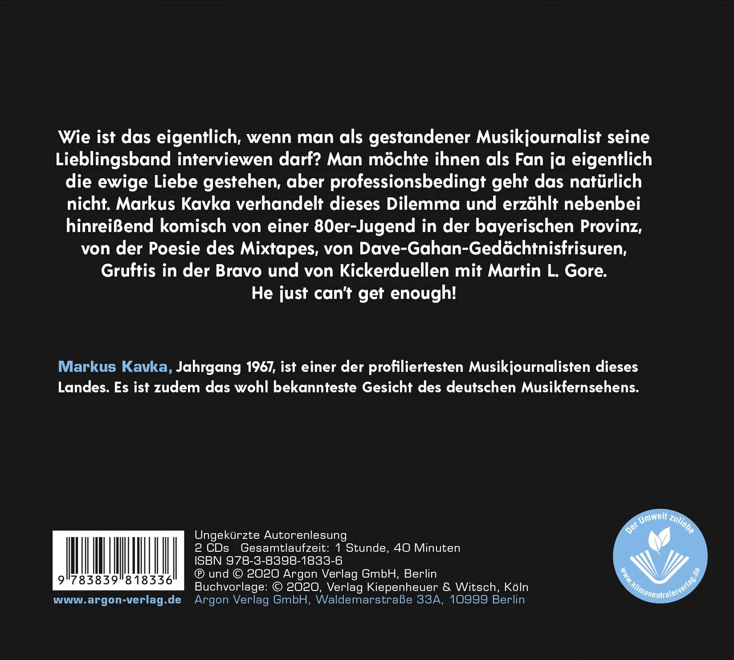 Buchrückseite von 'Markus Kavka über Depeche Mode' mit Klappentext - Hörbuch (CD)