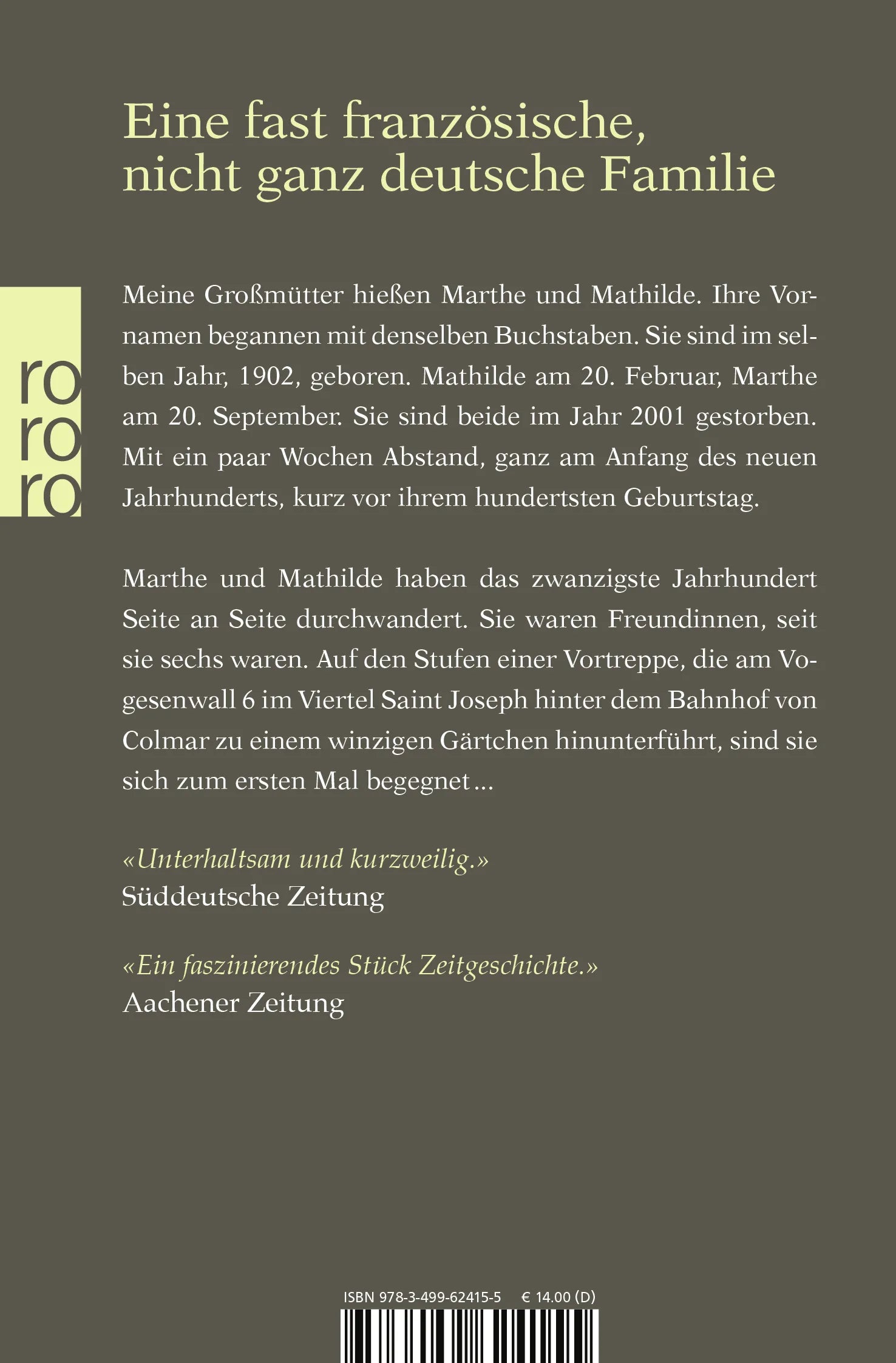 Buchrückseite von 'Marthe und Mathilde' mit Klappentext - Taschenbuch