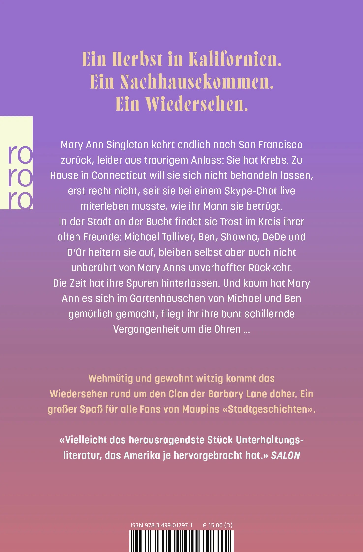 Buchrückseite von 'Mary Ann im Herbst' mit Klappentext - Taschenbuch