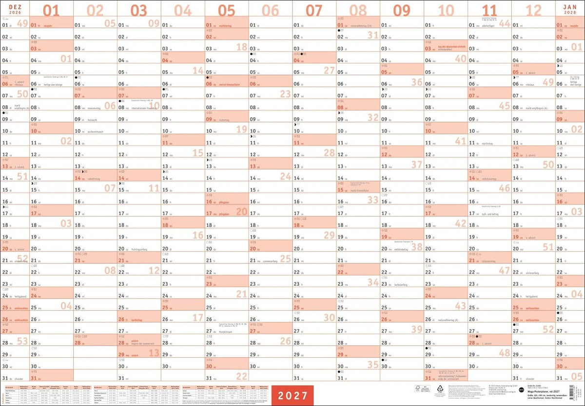 Wandkalender: Mega-Posterplaner, rot 2027