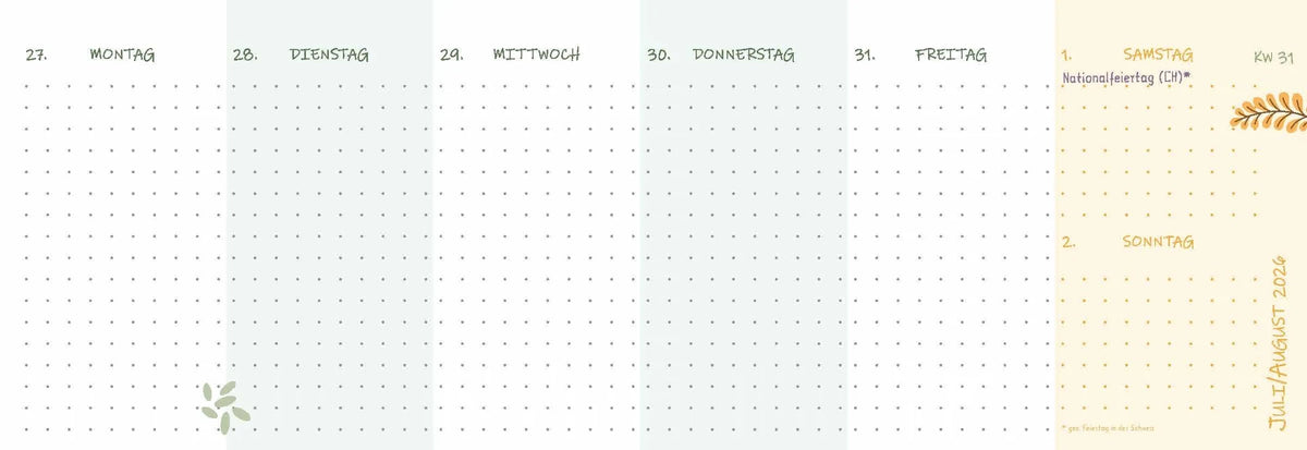 Mein Wochen-Tischkalender für das Schuljahr 2026/2027 – Ansicht
